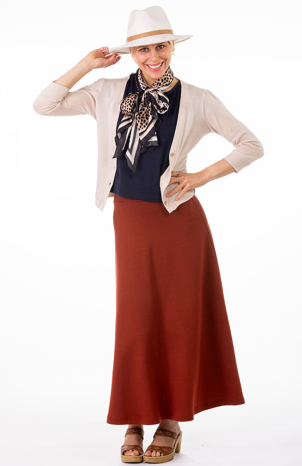 Shiraz Red Women's Merino Wool Ponte A-Line Midi Skirt