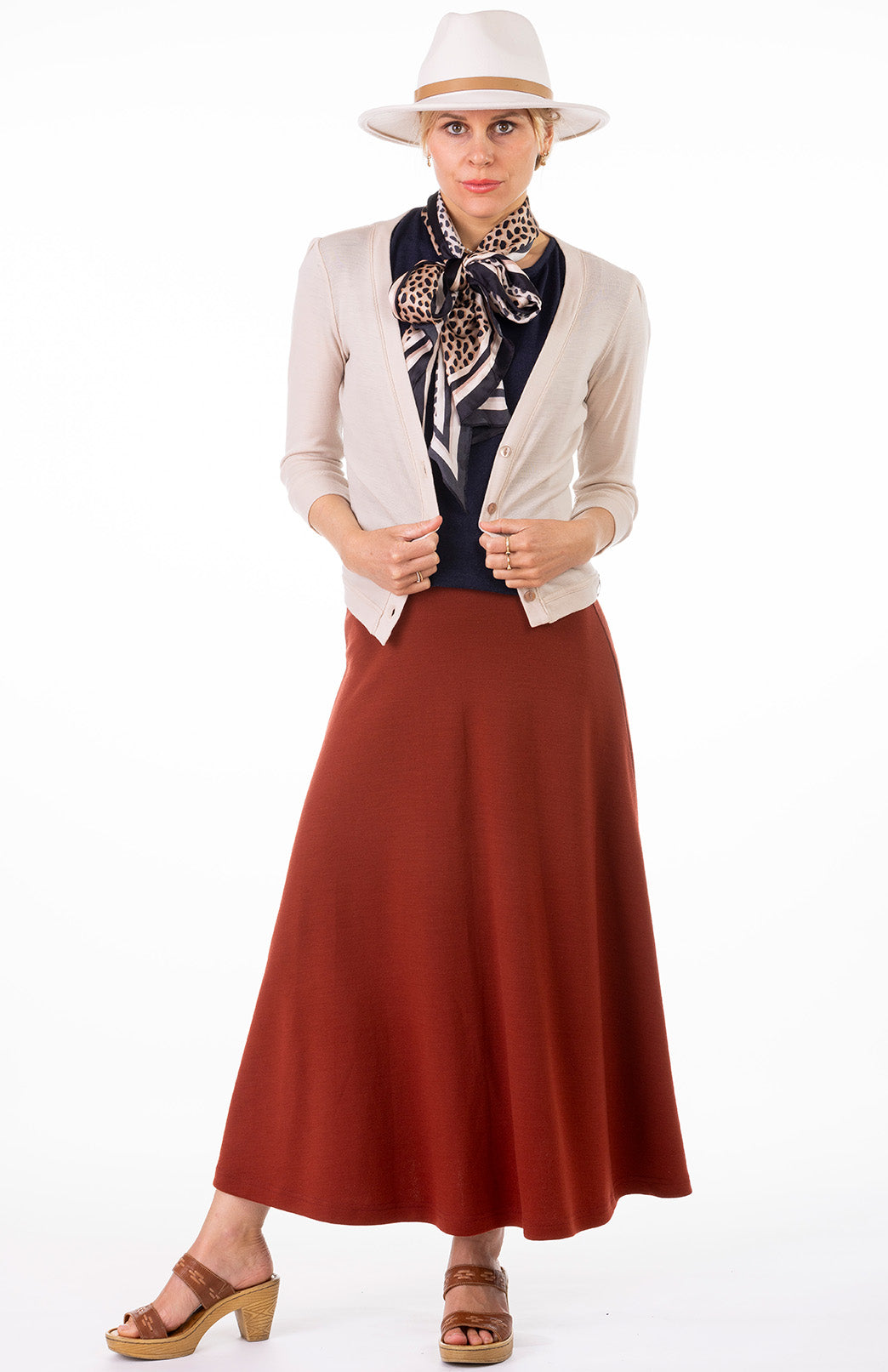 Shiraz Red Women's Merino Wool Ponte A-Line Midi Skirt