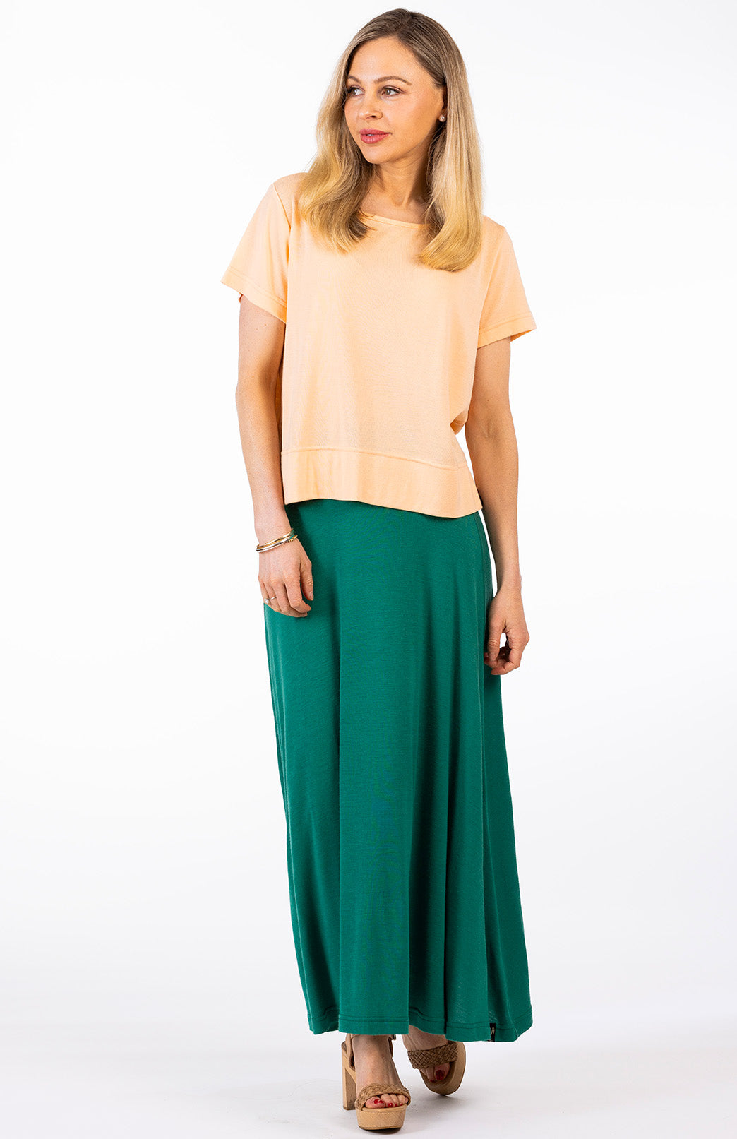 Soft Emerald Green Women's Merino Wool Midweight A-Line Midi Skirt