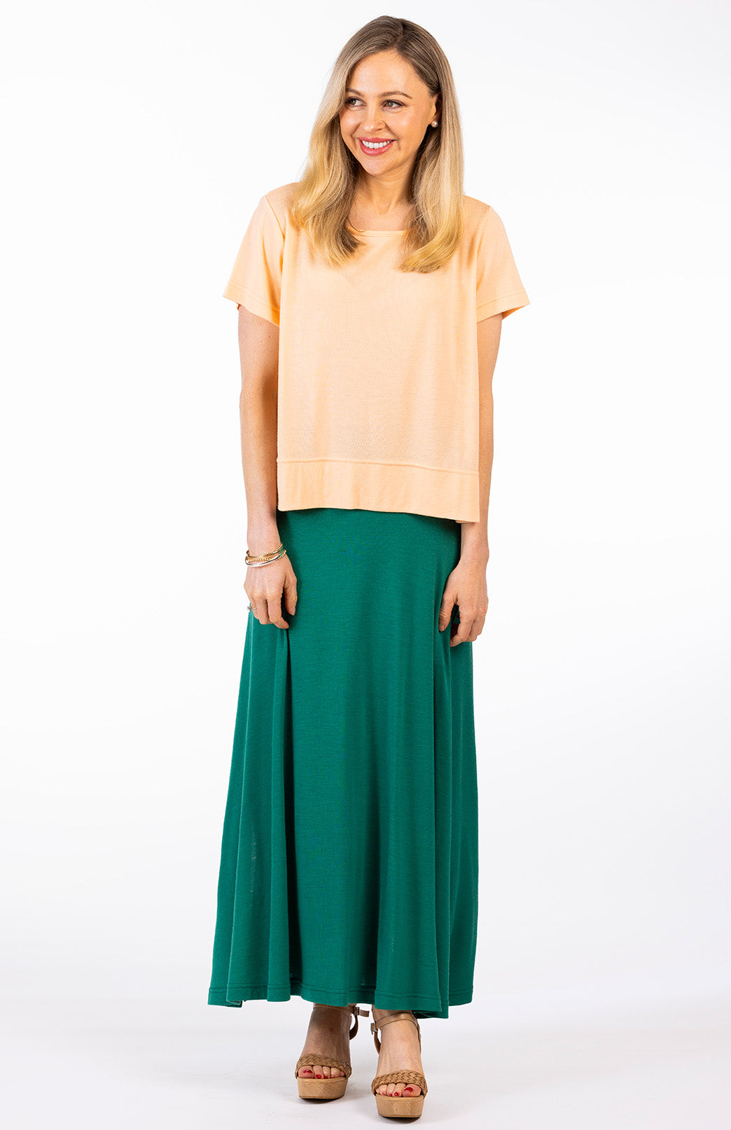 Soft Emerald Green Women's Merino Wool Midweight A-Line Midi Skirt