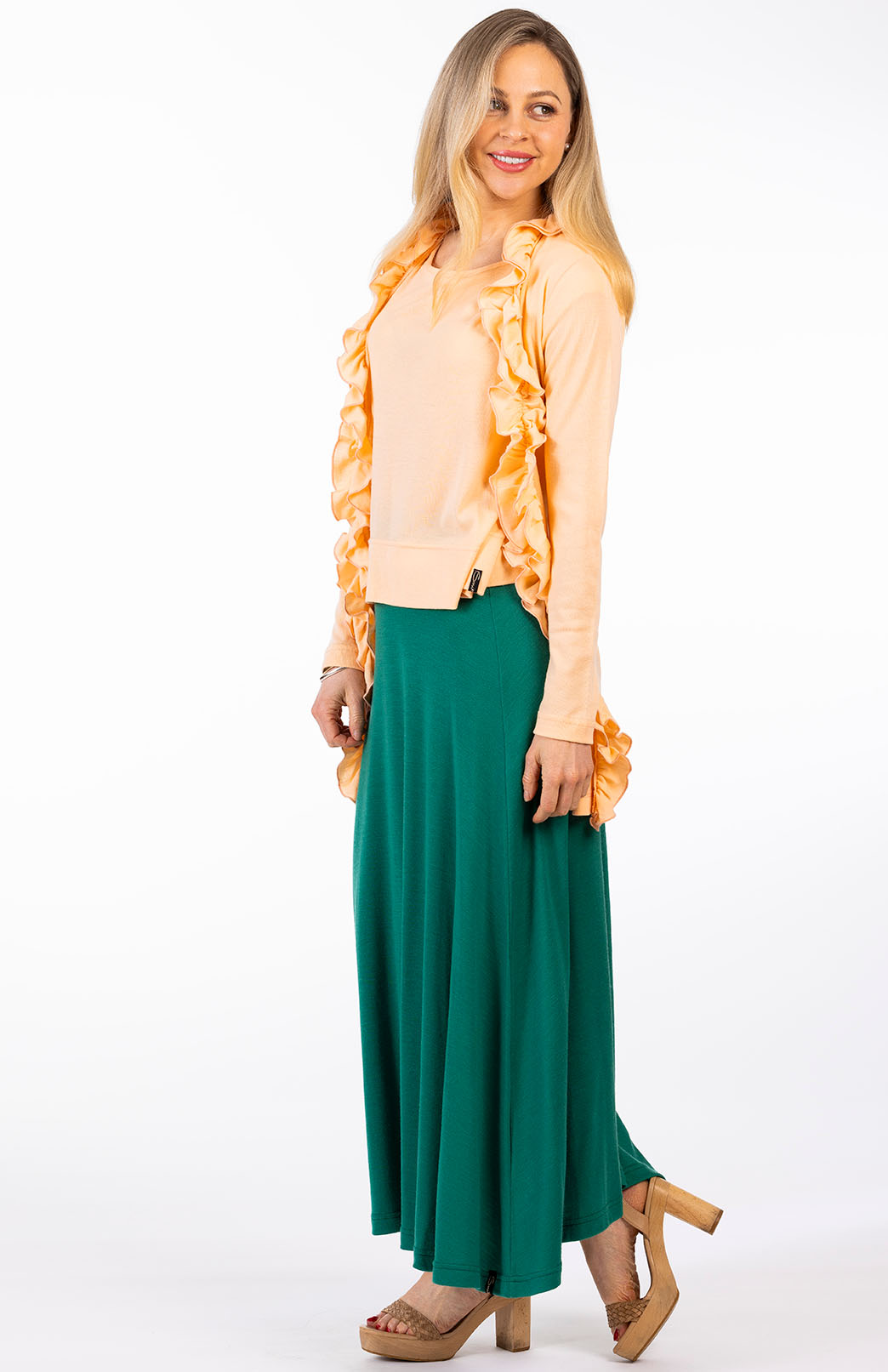 Peach Fuzz Women's Merino Wool Cardigan with Ruffled Collar