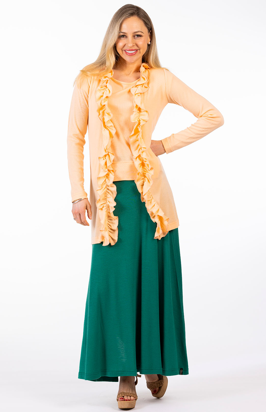 Soft Emerald Green Women's Merino Wool Midweight A-Line Midi Skirt