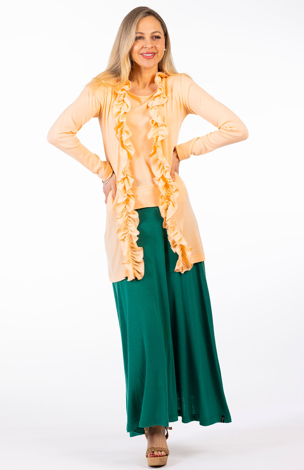 Peach Fuzz Women's Merino Wool Cardigan with Ruffled Collar
