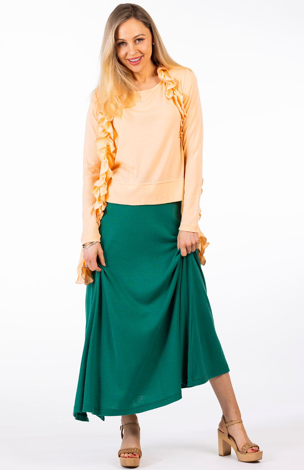 Peach Fuzz Women's Merino Wool Cardigan with Ruffled Collar