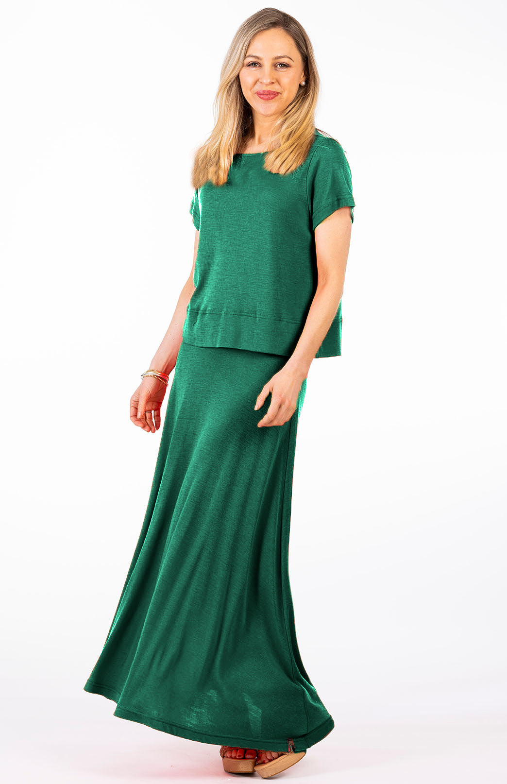 Soft Emerald Green Women's Merino Wool Midweight A-Line Midi Skirt