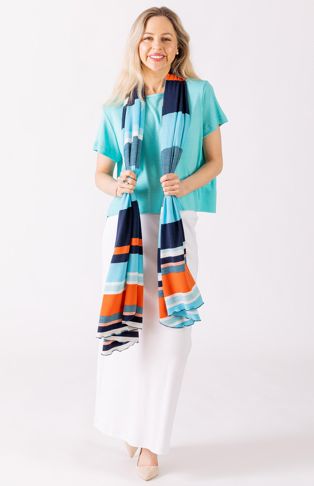 Turquoise & Orange Multi Stripe Women's Merino Wool Multi Striped Scarf
