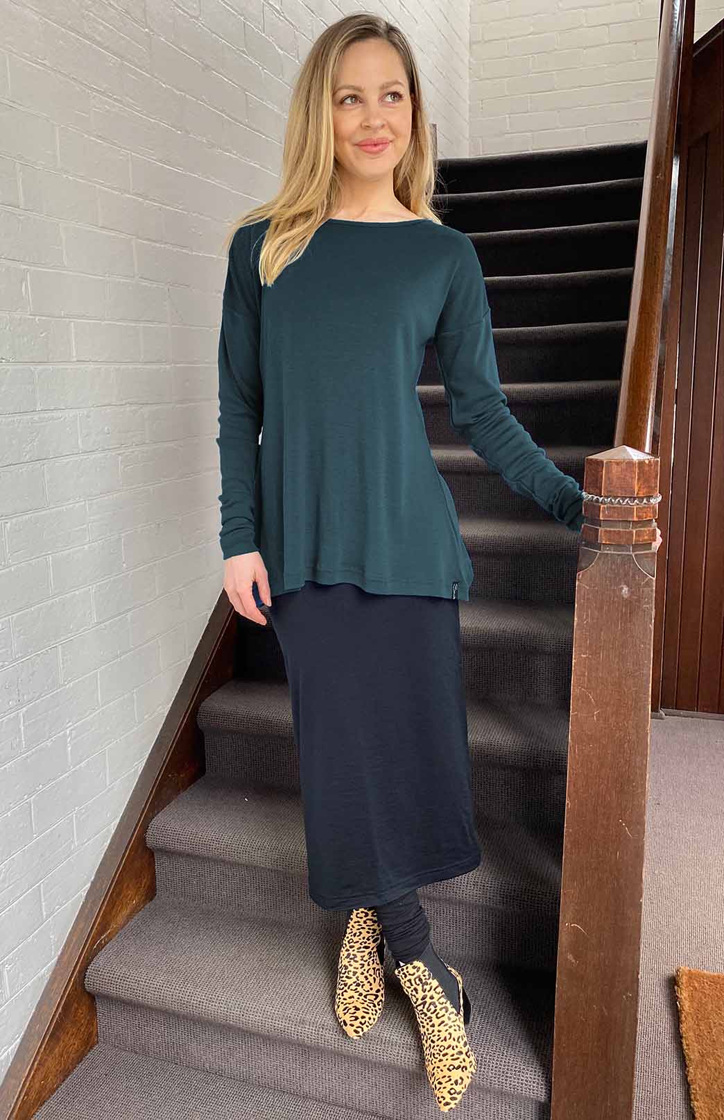 Deep Sea Green Women's Merino Wool Long Sleeve Fashion Top