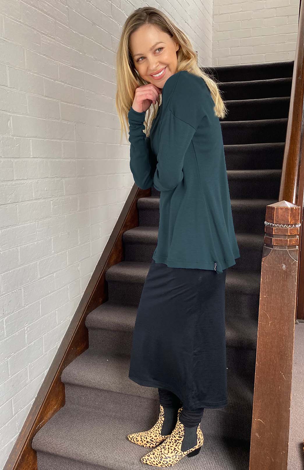 Deep Sea Green Women's Merino Wool Long Sleeve Fashion Top