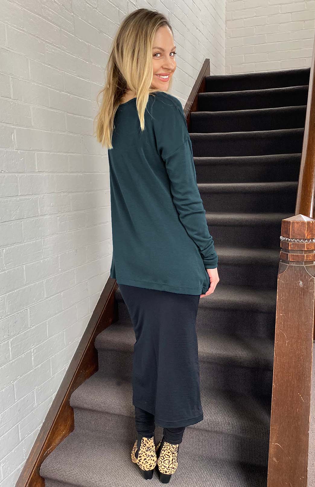 Deep Sea Green Women's Merino Wool Long Sleeve Fashion Top