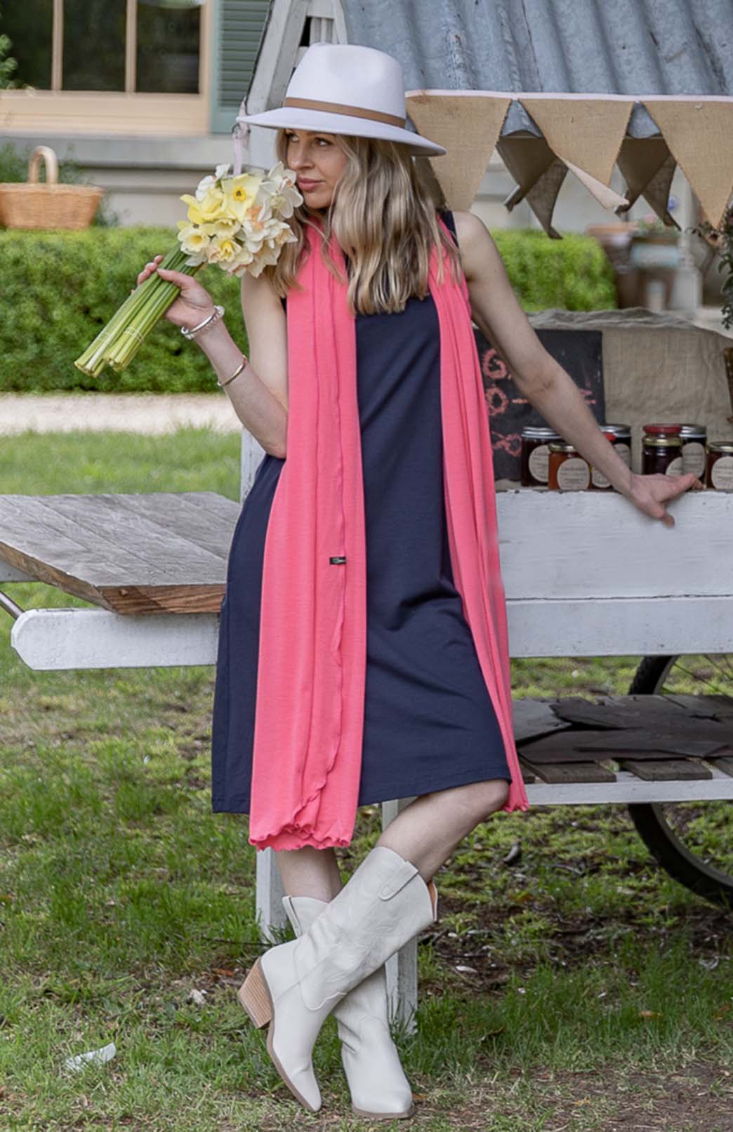 French Navy Blue Women's Merino Wool Sleeveless Swing Dress