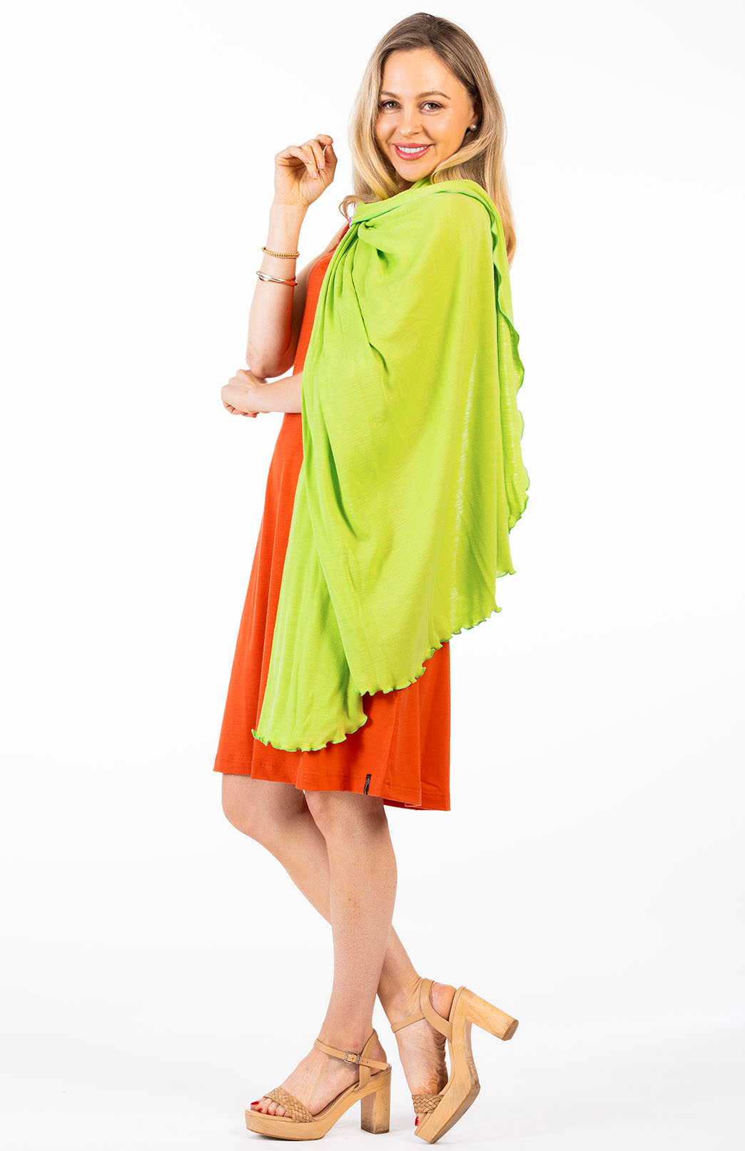 Burnt Orange Women's Merino Wool Sleeveless Swing Dress