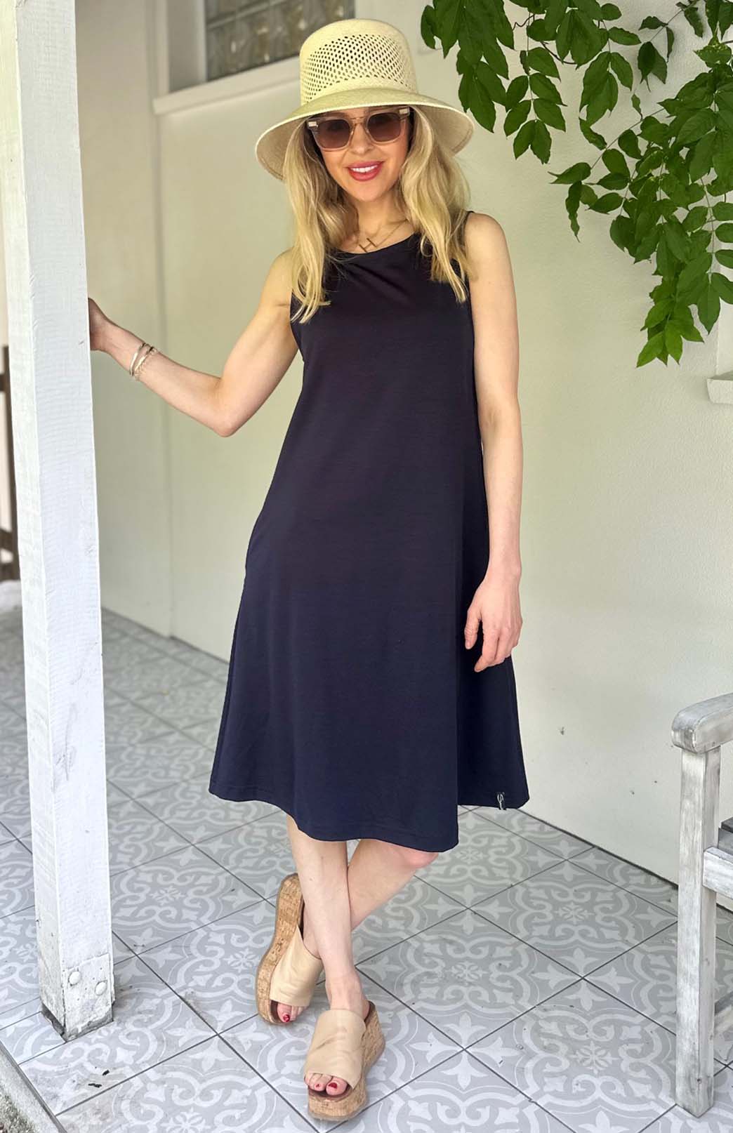 French Navy Blue Women's Merino Wool Sleeveless Swing Dress
