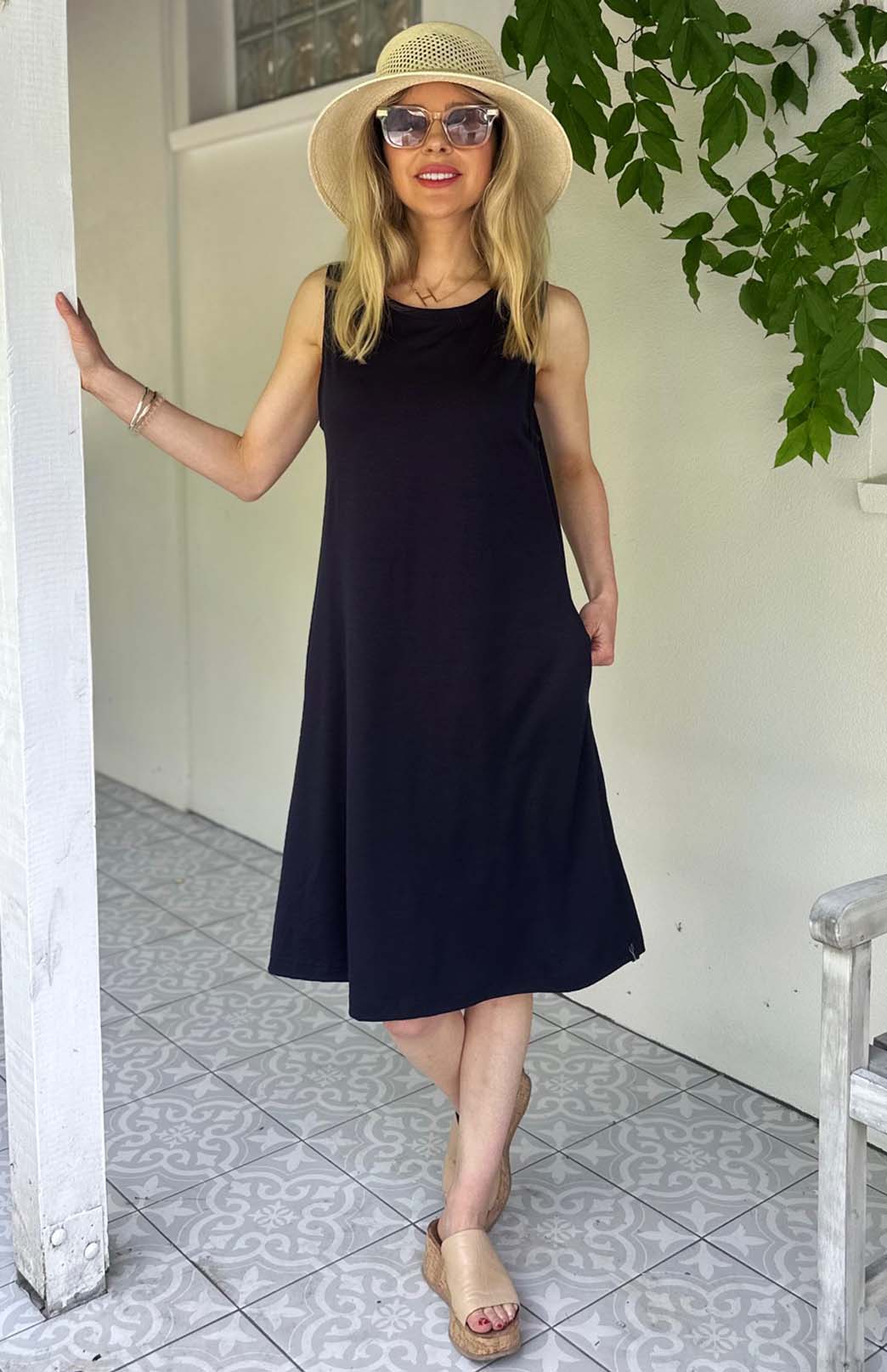 French Navy Blue Women's Merino Wool Sleeveless Swing Dress