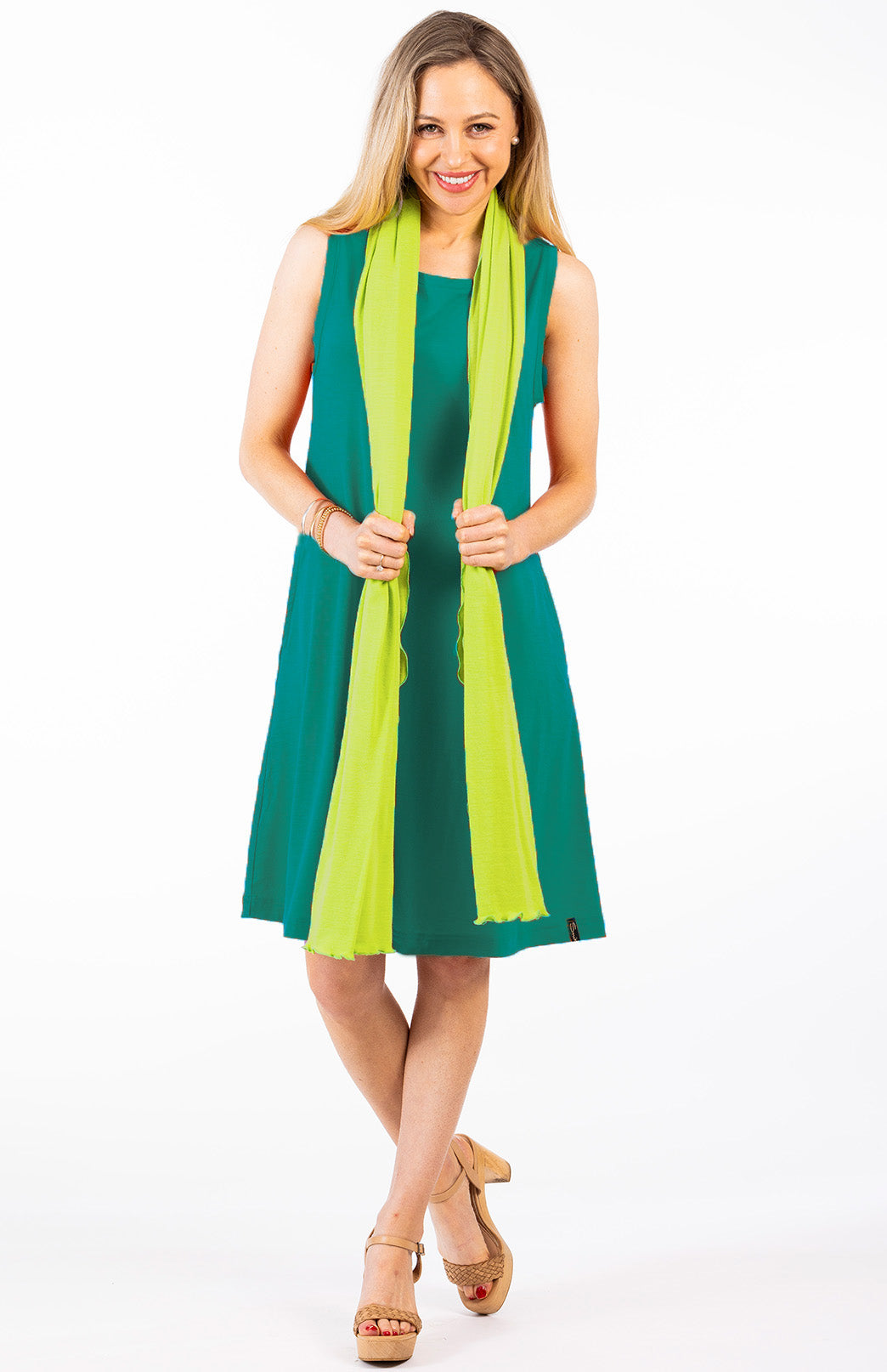 Soft Emerald Green Women's Merino Wool Sleeveless Swing Dress
