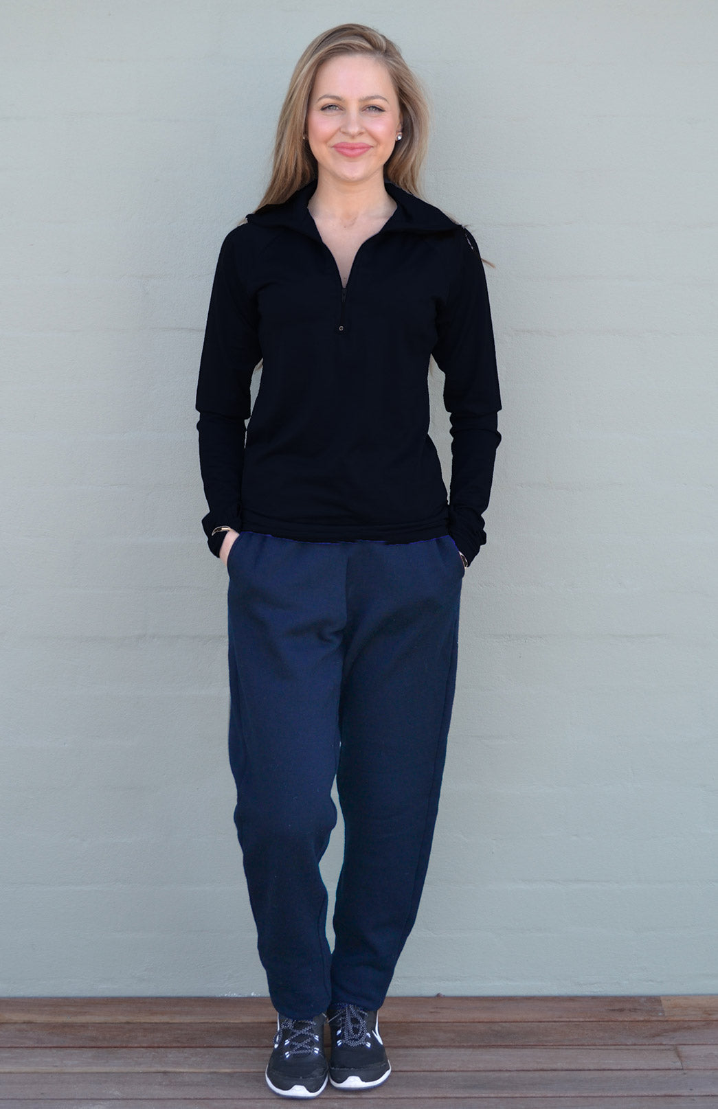 Black Women's Merino Wool Zip Neck Top