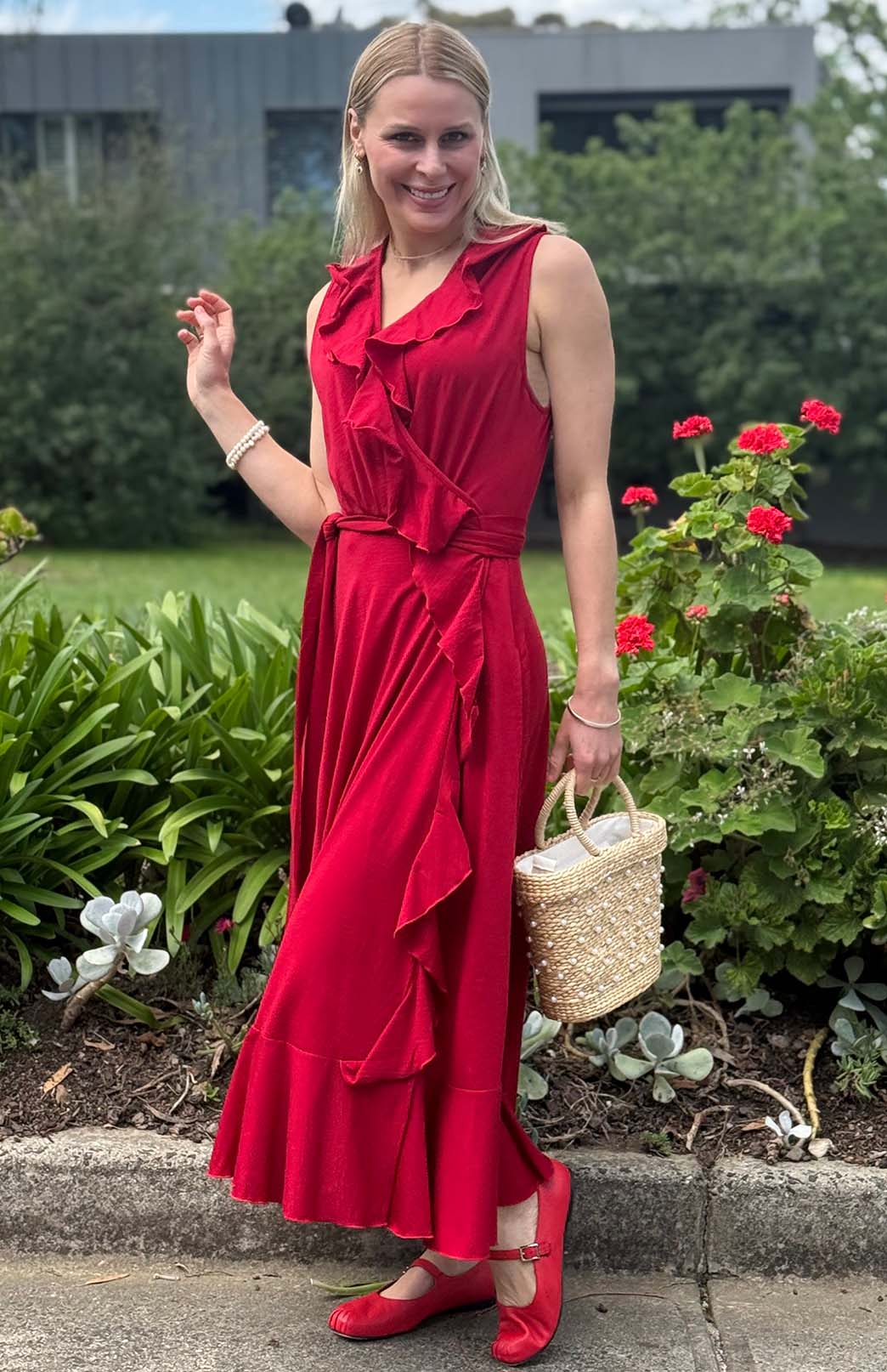 Chilli Red Women's Sleeveless Merino Wool Ruffled Dress