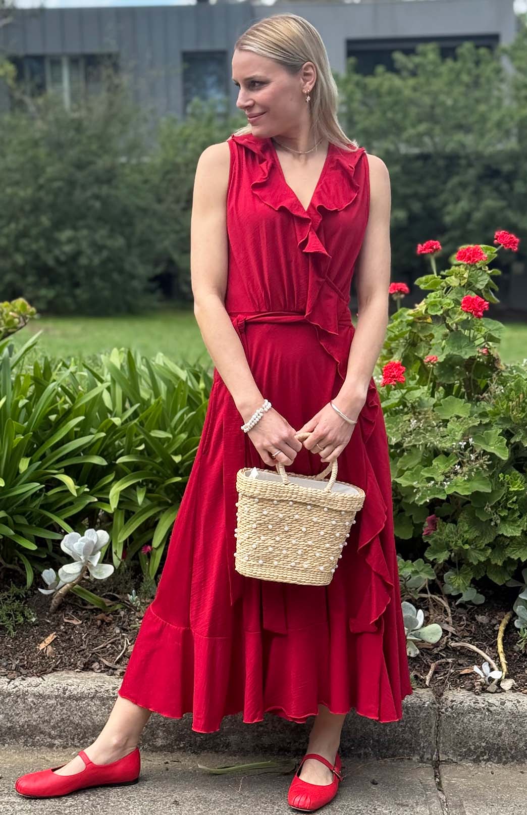 Chilli Red Women's Sleeveless Merino Wool Ruffled Dress