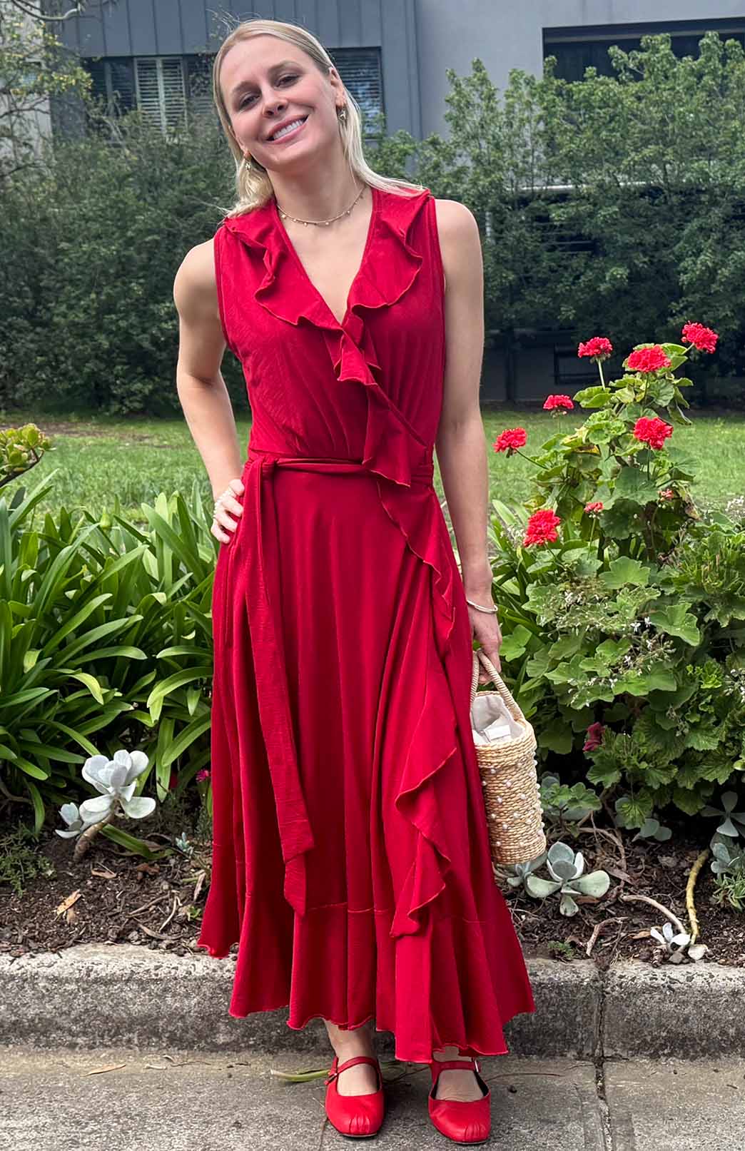 Chilli Red Women's Sleeveless Merino Wool Ruffled Dress