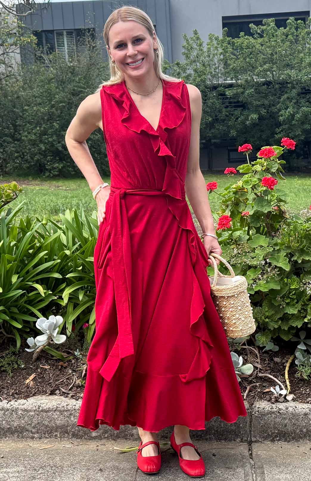 Chilli Red Women's Sleeveless Merino Wool Ruffled Dress