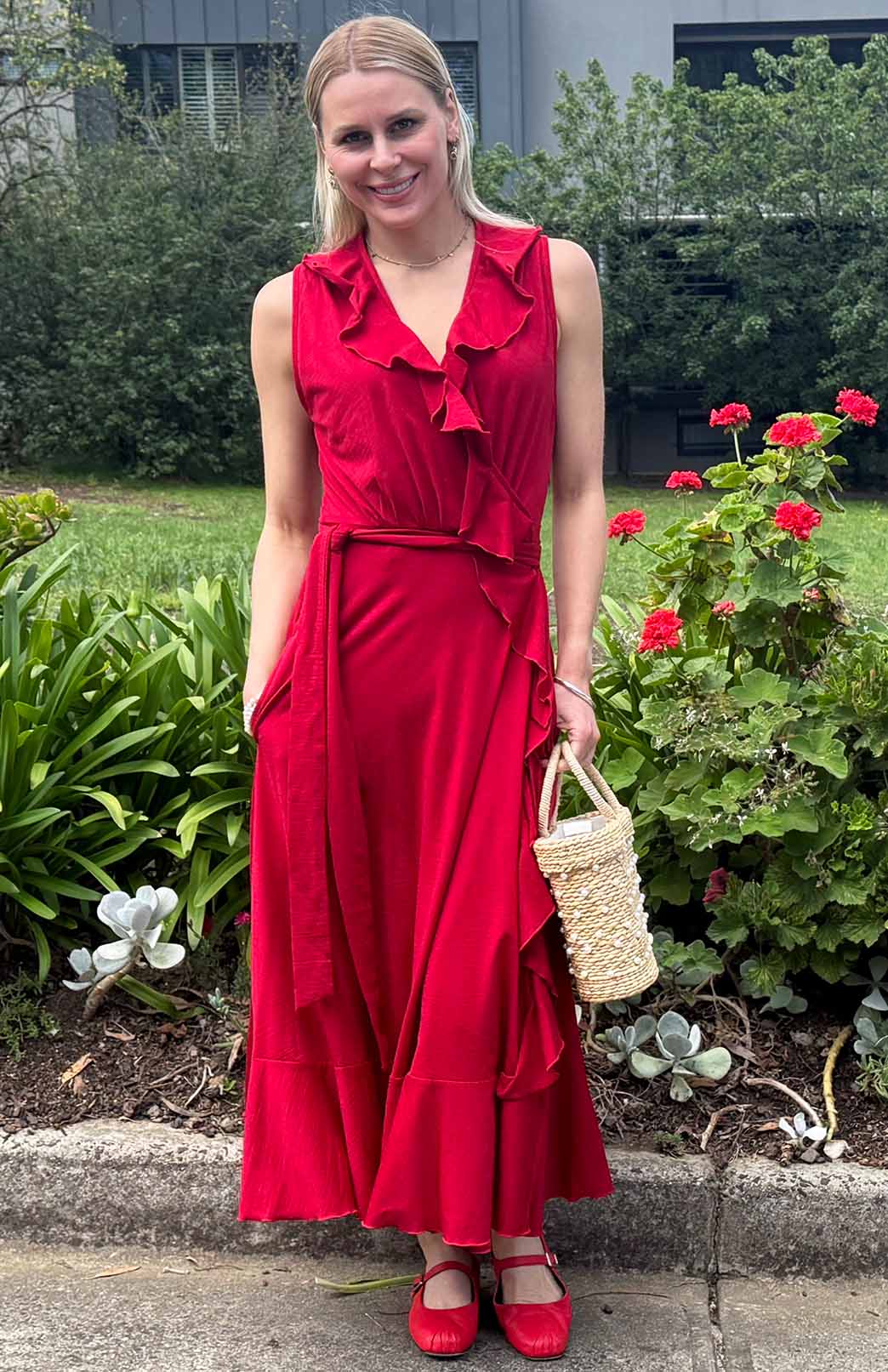 Chilli Red Women&#39;s Sleeveless Merino Wool Ruffled Dress
