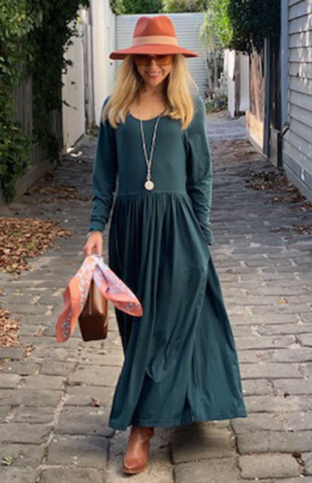 Deep Sea Green Women's scoop neck merino wool long sleeved gathered waist dress with pockets