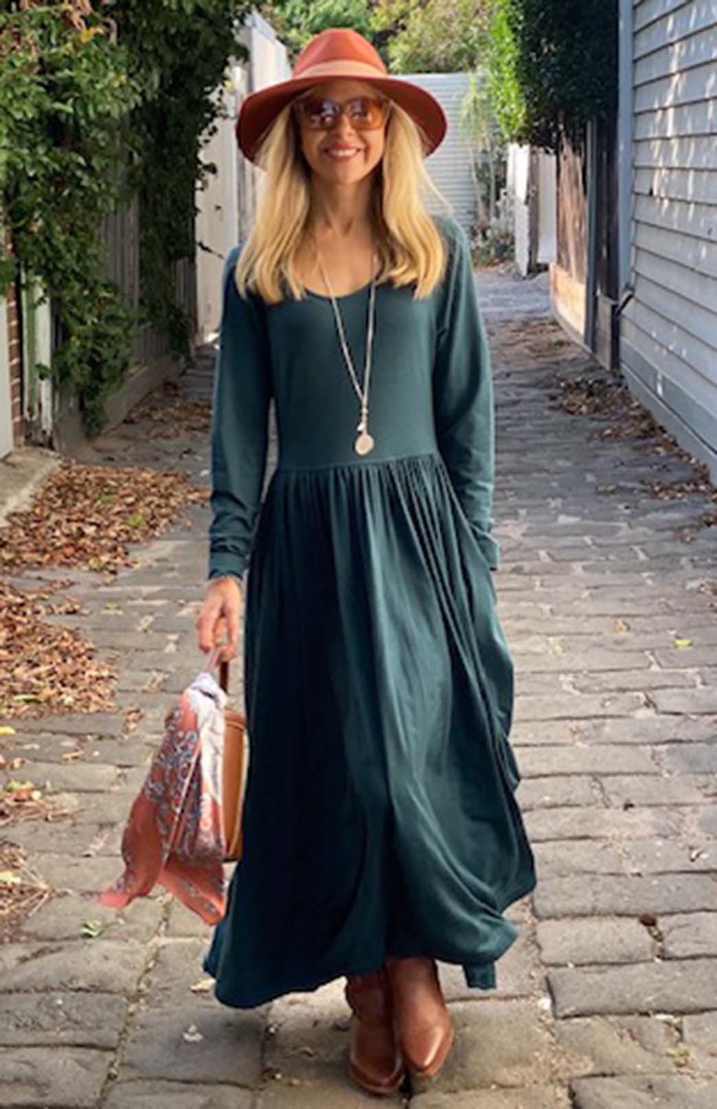 Deep Sea Green Women&#39;s scoop neck merino wool long sleeved gathered waist dress with pockets
