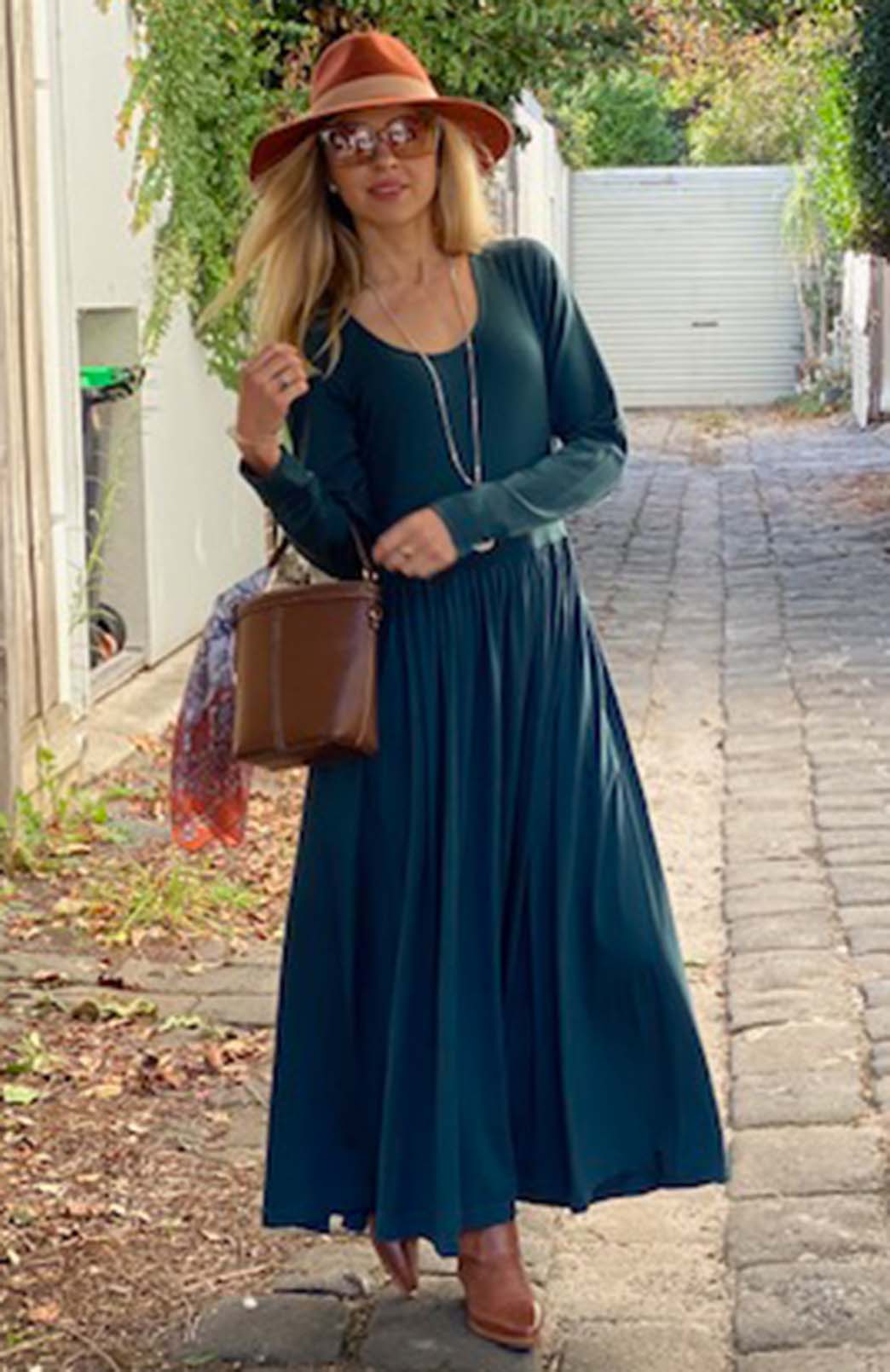 Deep Sea Green Women's scoop neck merino wool long sleeved gathered waist dress with pockets