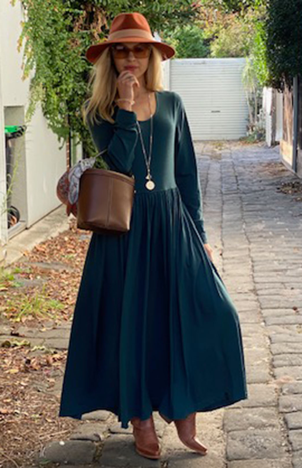 Deep Sea Green Women's scoop neck merino wool long sleeved gathered waist dress with pockets