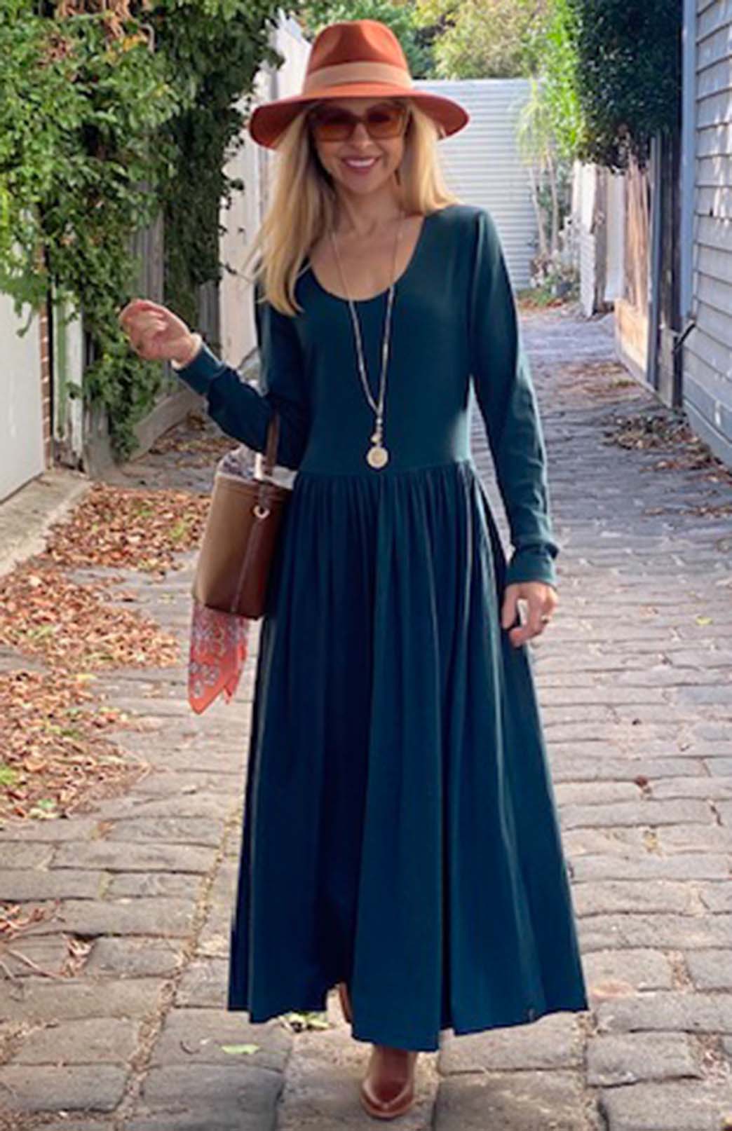 Deep Sea Green Women's scoop neck merino wool long sleeved gathered waist dress with pockets