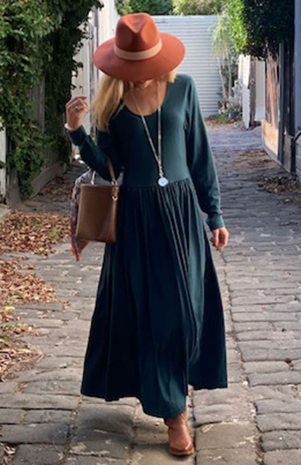 Deep Sea Green Women's scoop neck merino wool long sleeved gathered waist dress with pockets