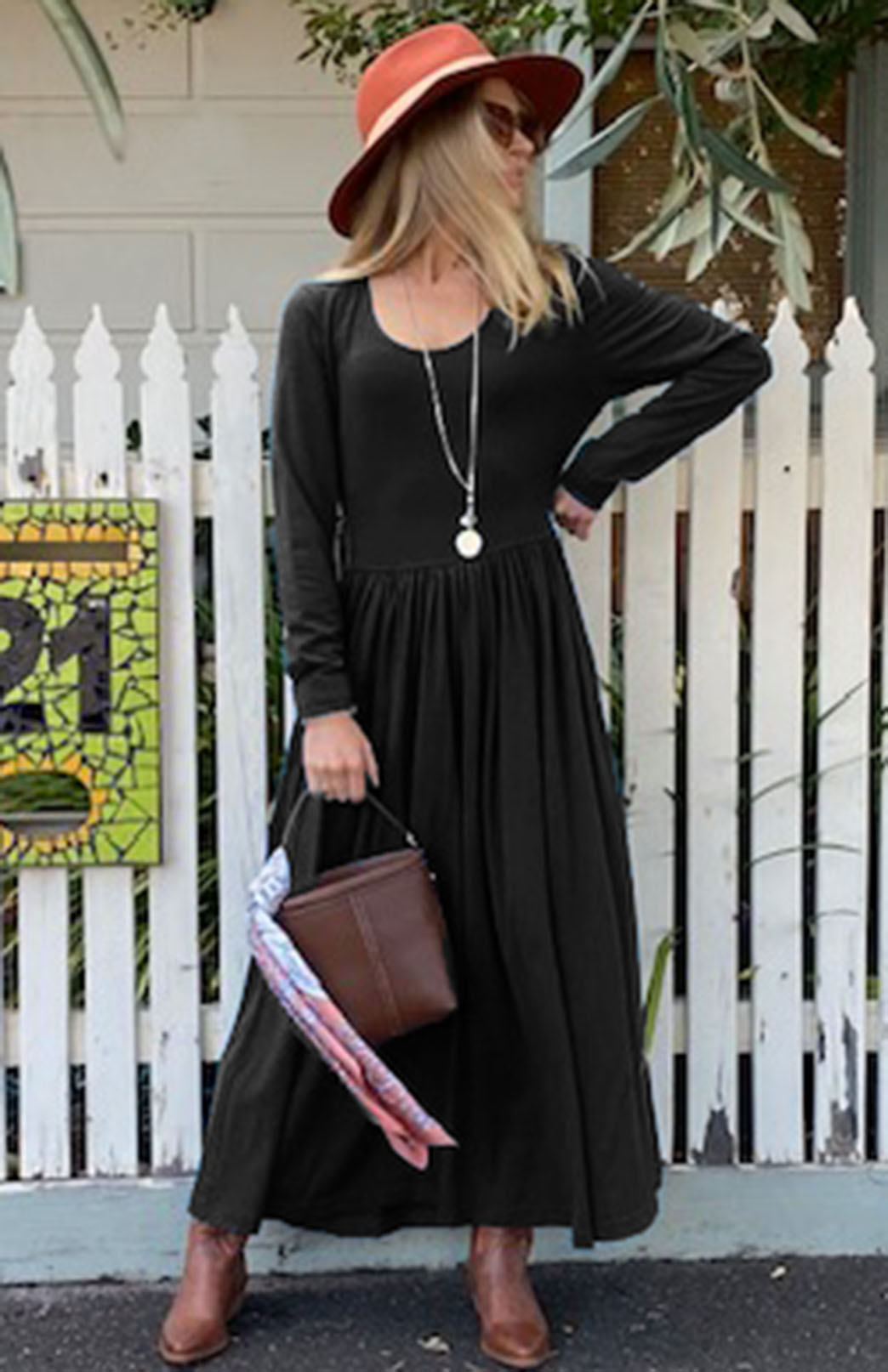 Black Women's scoop neck merino wool long sleeved gathered waist dress with pockets