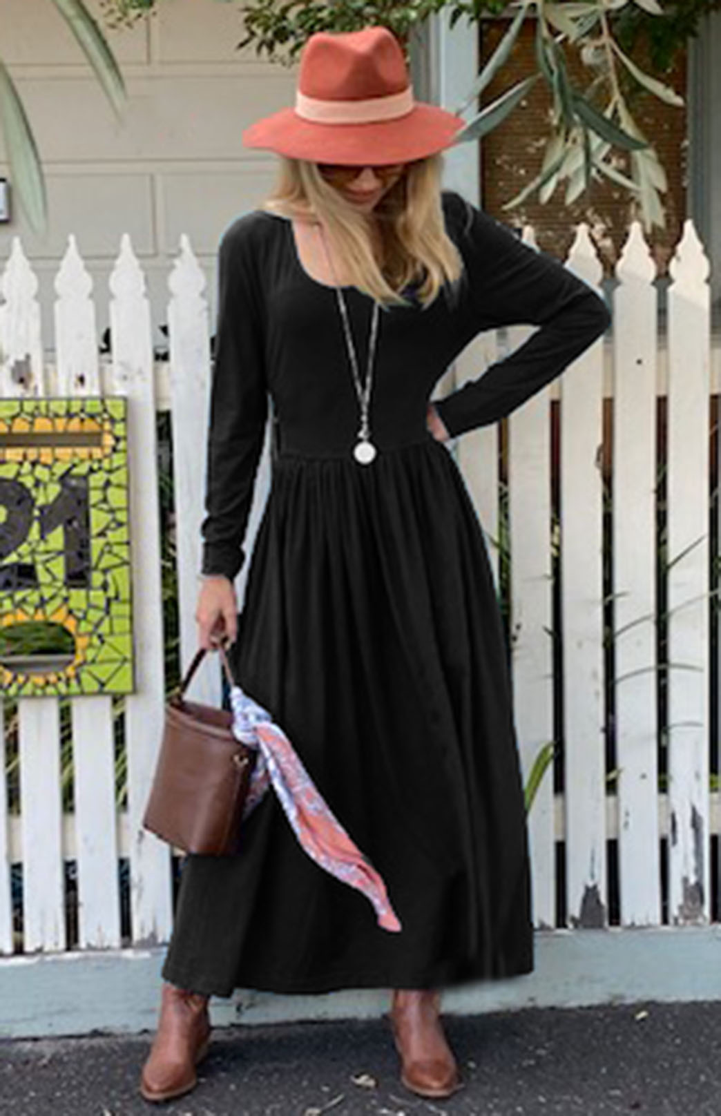 Black Women's scoop neck merino wool long sleeved gathered waist dress with pockets