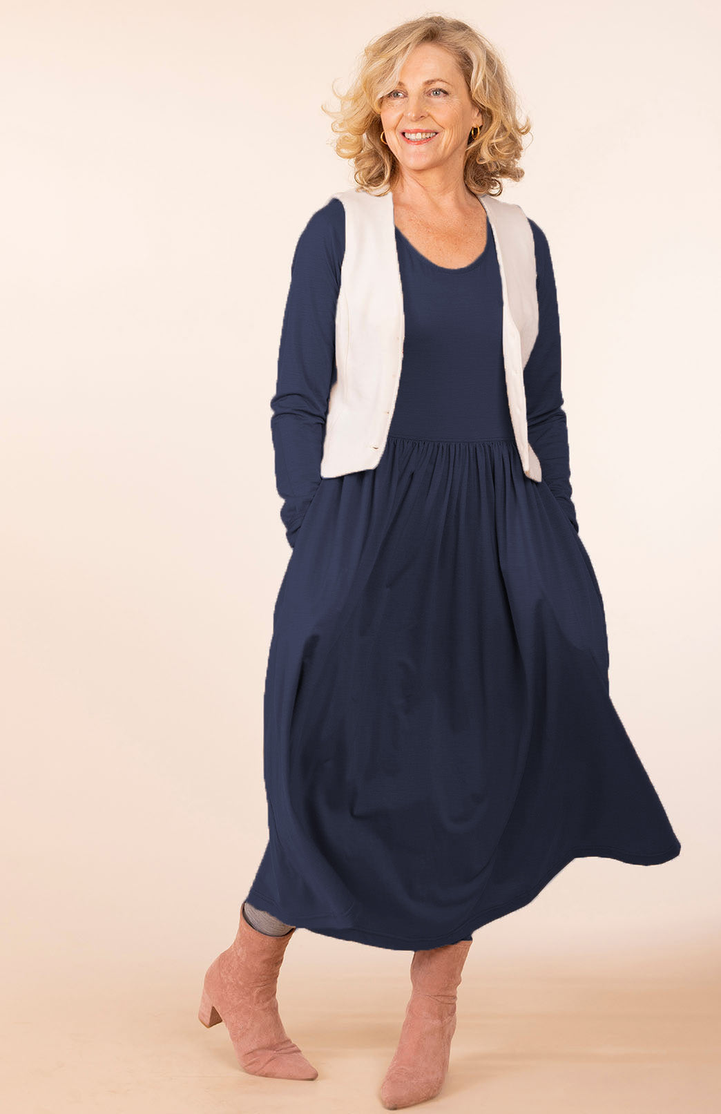 French Navy Blue Women's scoop neck merino wool long sleeved gathered waist dress with pockets