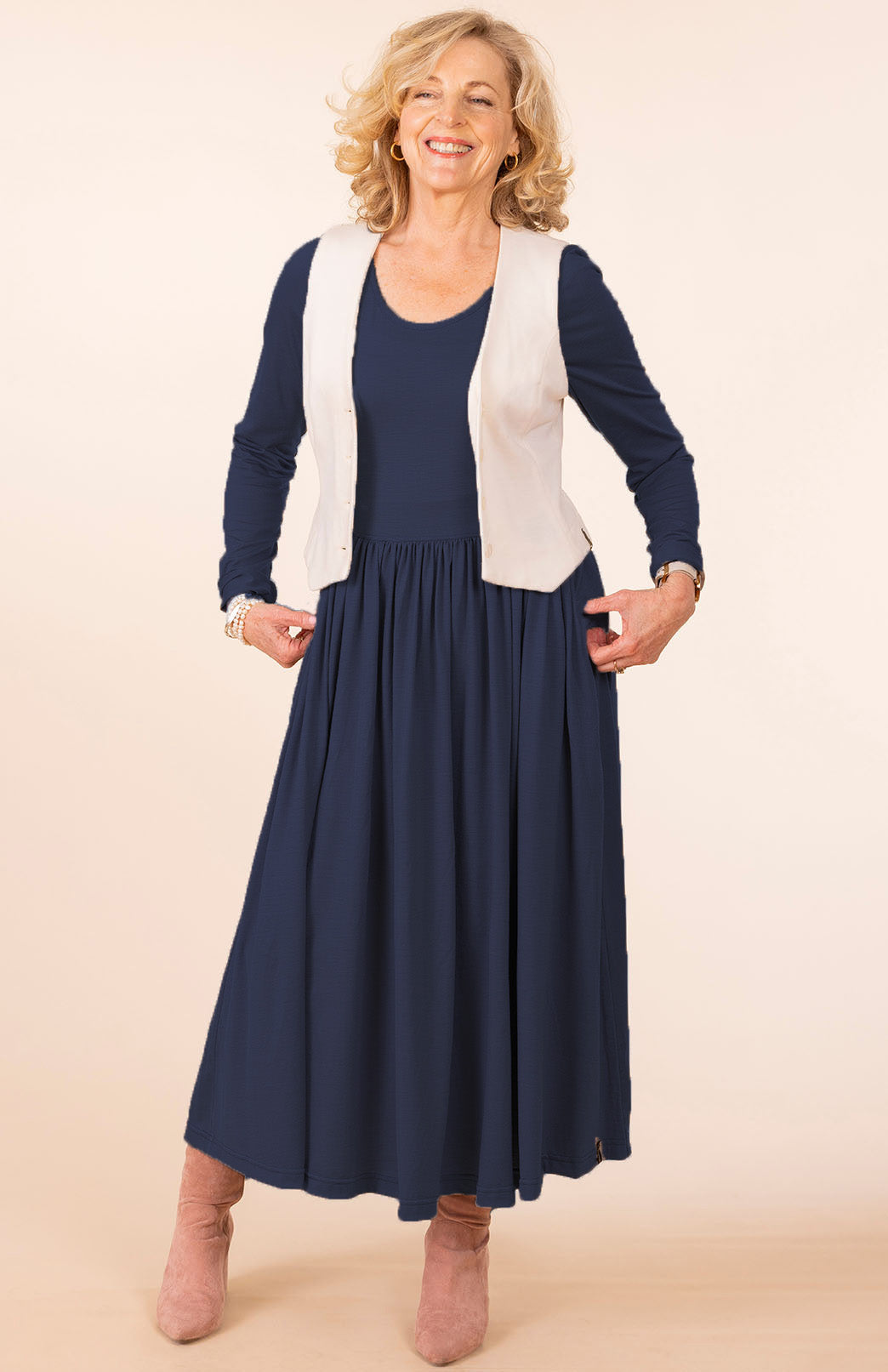 French Navy Blue Women's scoop neck merino wool long sleeved gathered waist dress with pockets