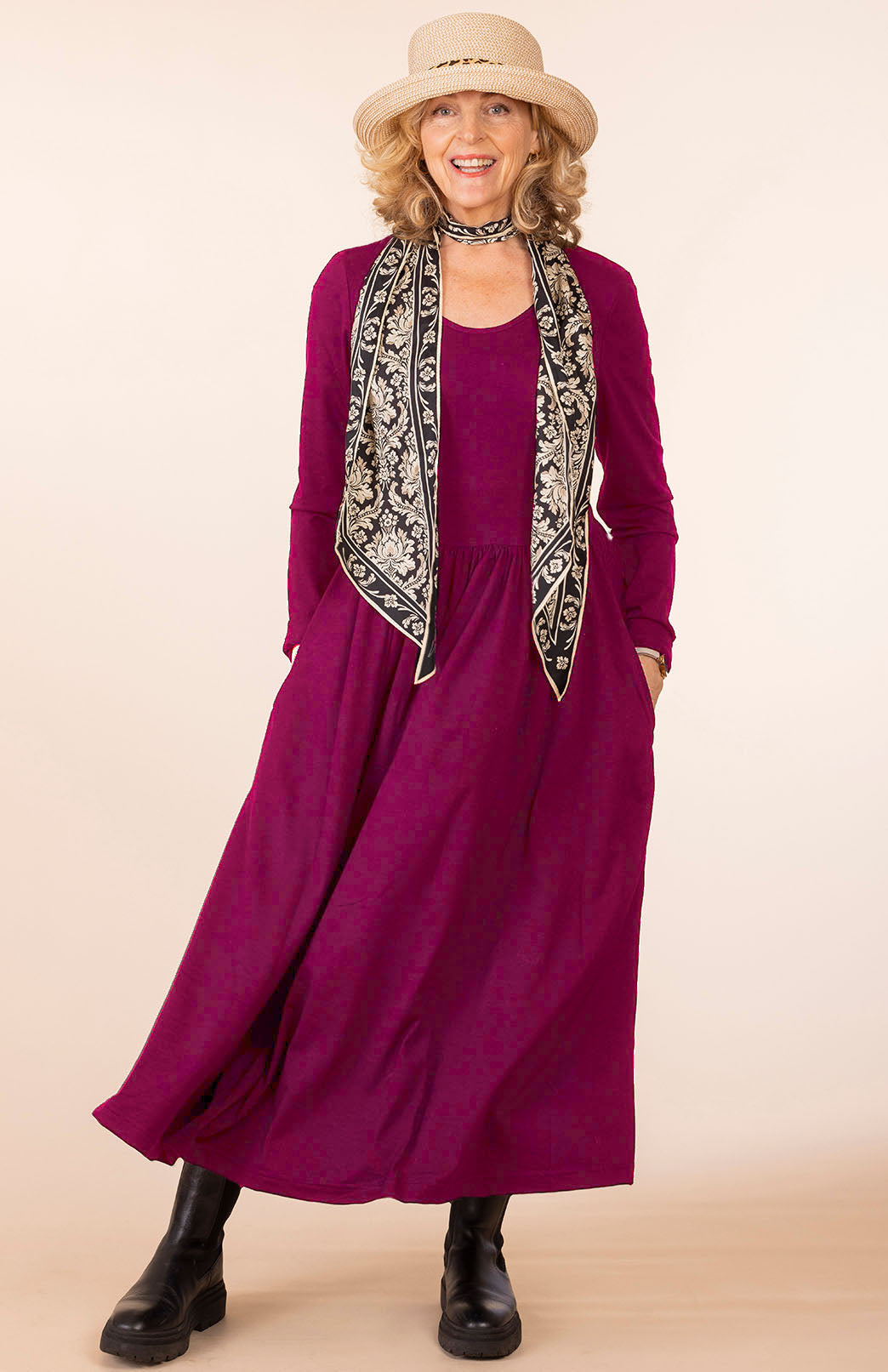 Magenta Women's scoop neck merino wool long sleeved gathered waist dress with pockets
