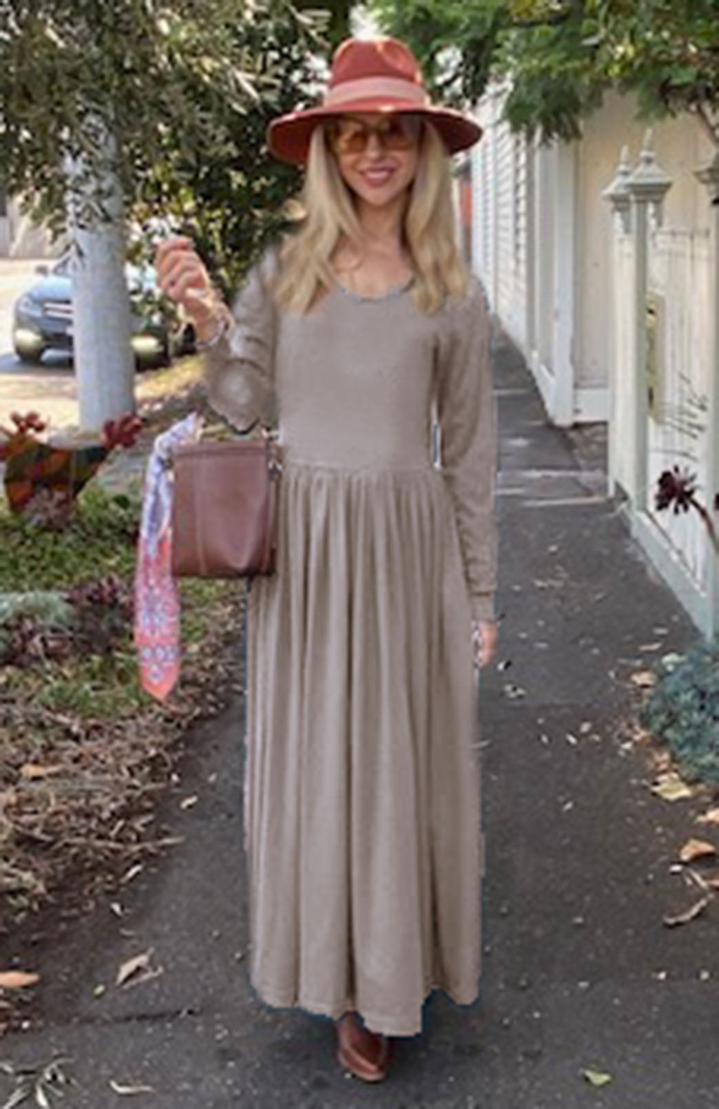 Soft Mocha Women's scoop neck merino wool long sleeved gathered waist dress with pockets