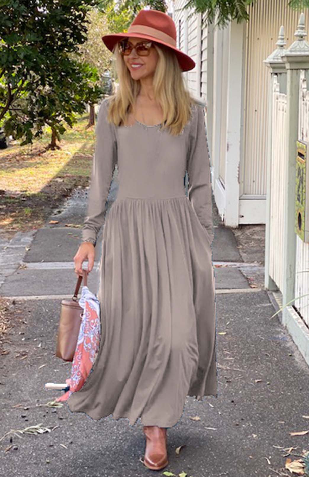 Soft Mocha Women's scoop neck merino wool long sleeved gathered waist dress with pockets