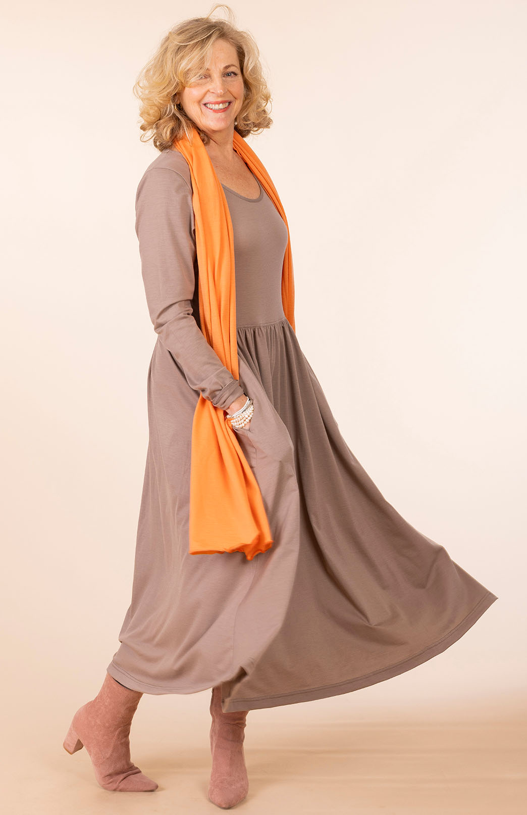 Soft Mocha Women's scoop neck merino wool long sleeved gathered waist dress with pockets