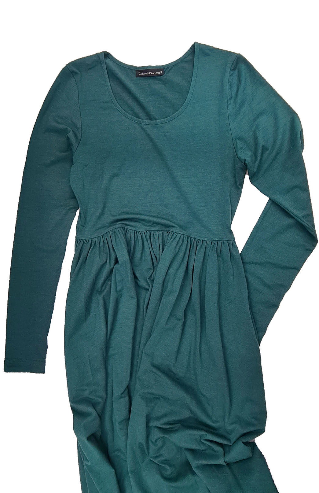 Deep Sea Green Women's scoop neck merino wool long sleeved gathered waist dress with pockets