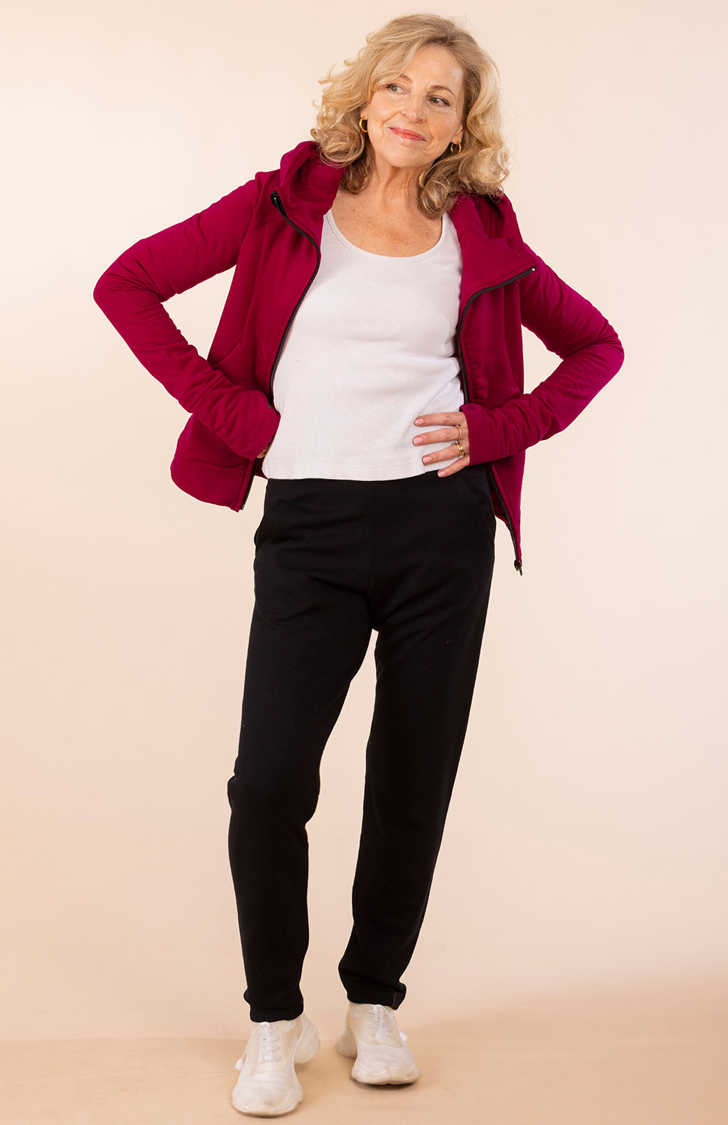 Magenta Women's Merino Wool Fleece Zip Jacket with Hood and pockets