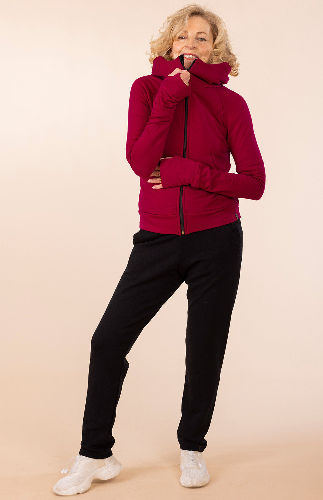 Magenta Women's Merino Wool Fleece Zip Jacket with Hood and pockets