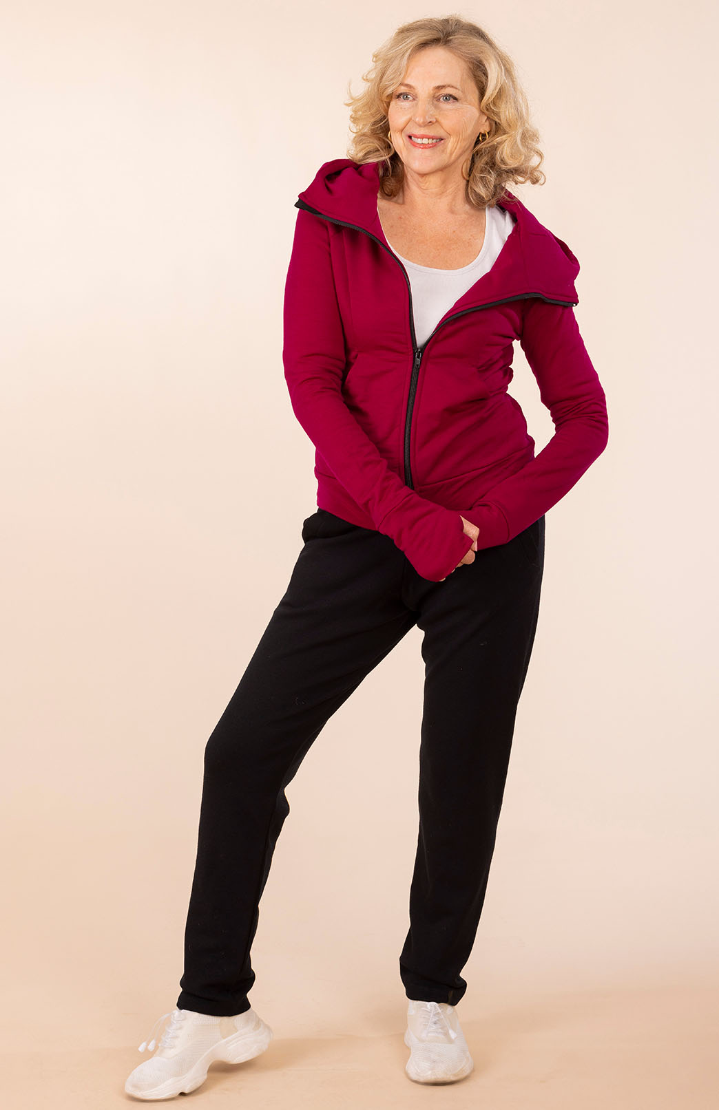 Magenta Women's Merino Wool Fleece Zip Jacket with Hood and pockets