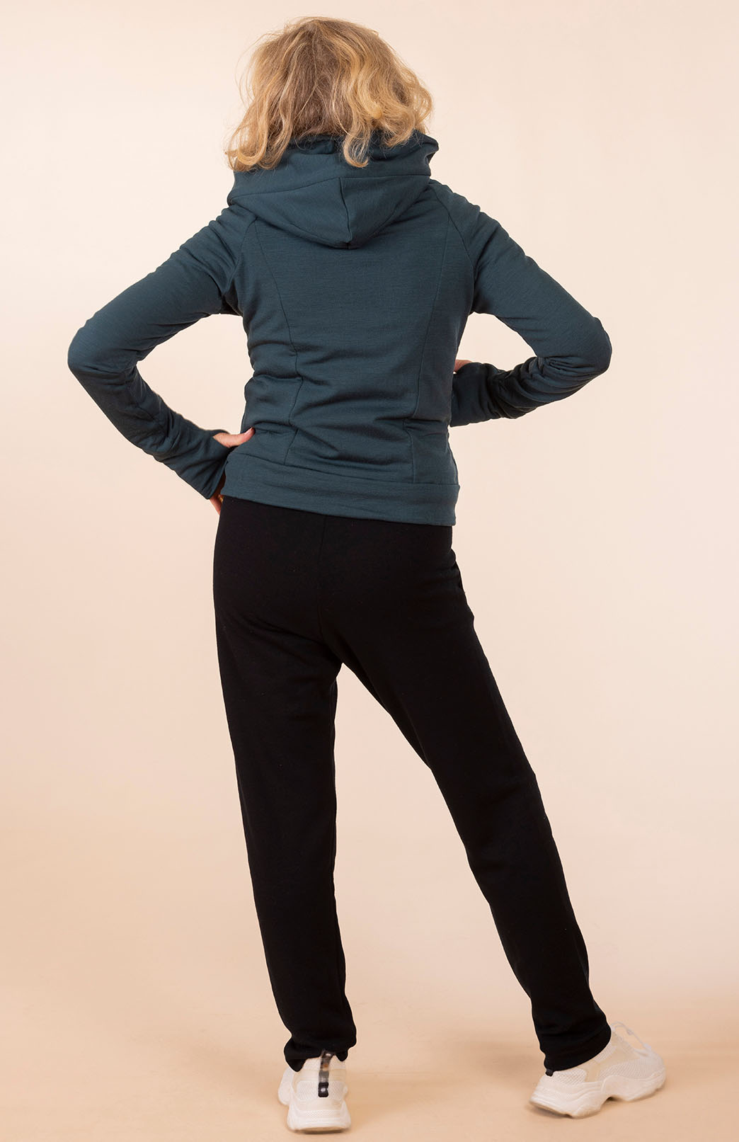 Deep Sea Green Women's Merino Wool Fleece Zip Jacket with Hood and pockets