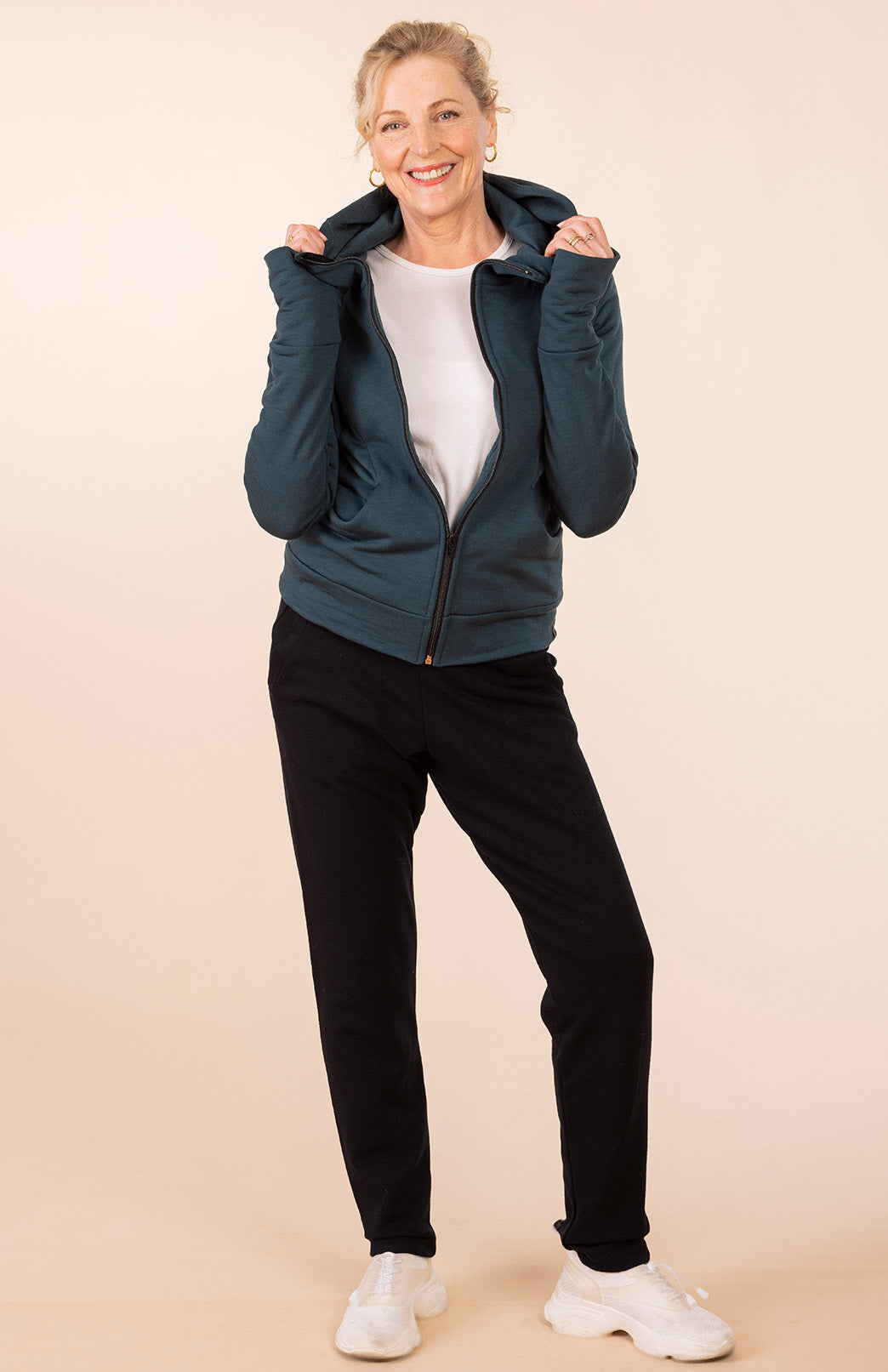 Deep Sea Green Women's Merino Wool Fleece Zip Jacket with Hood and pockets