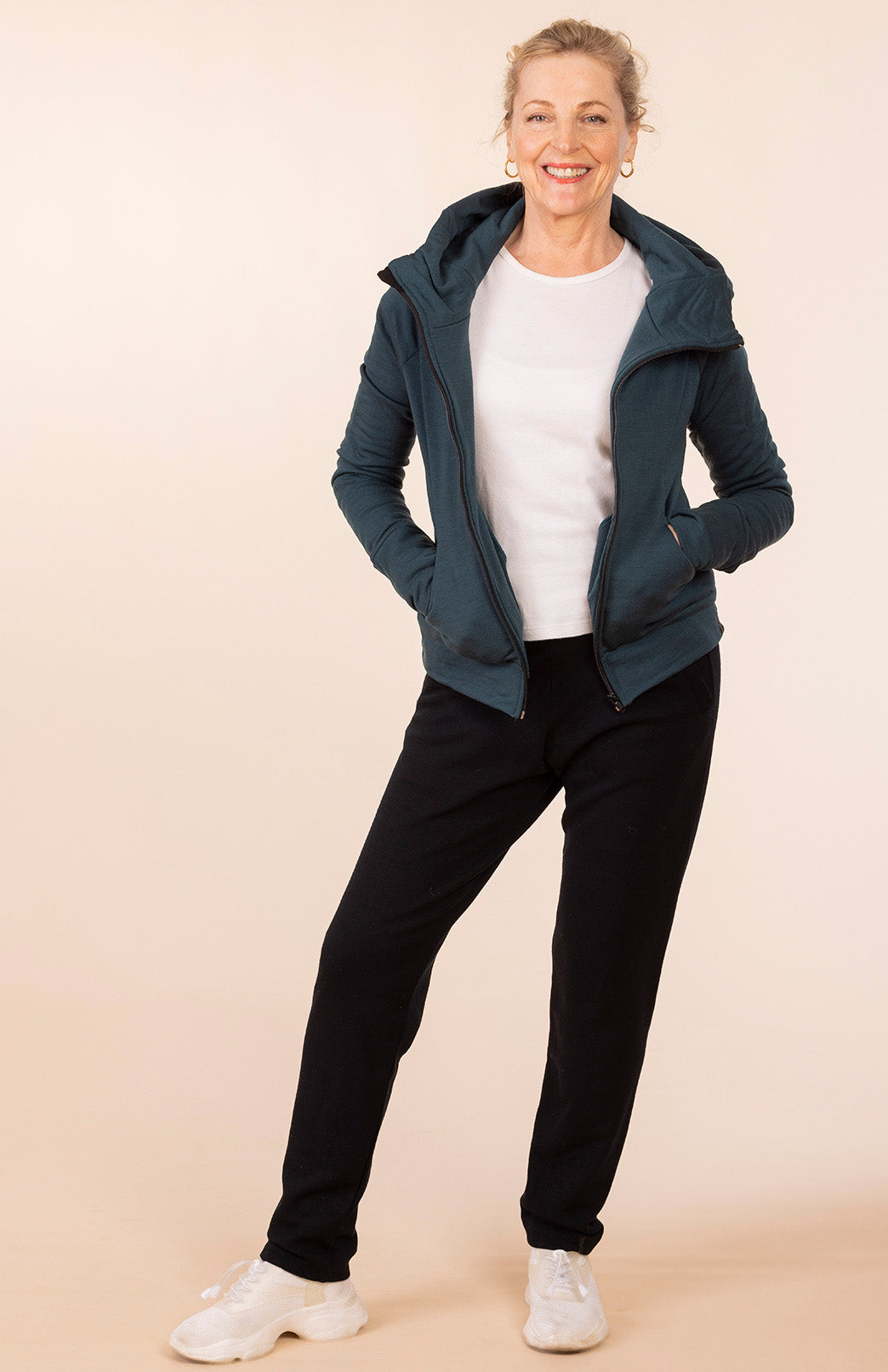 Deep Sea Green Women's Merino Wool Fleece Zip Jacket with Hood and pockets