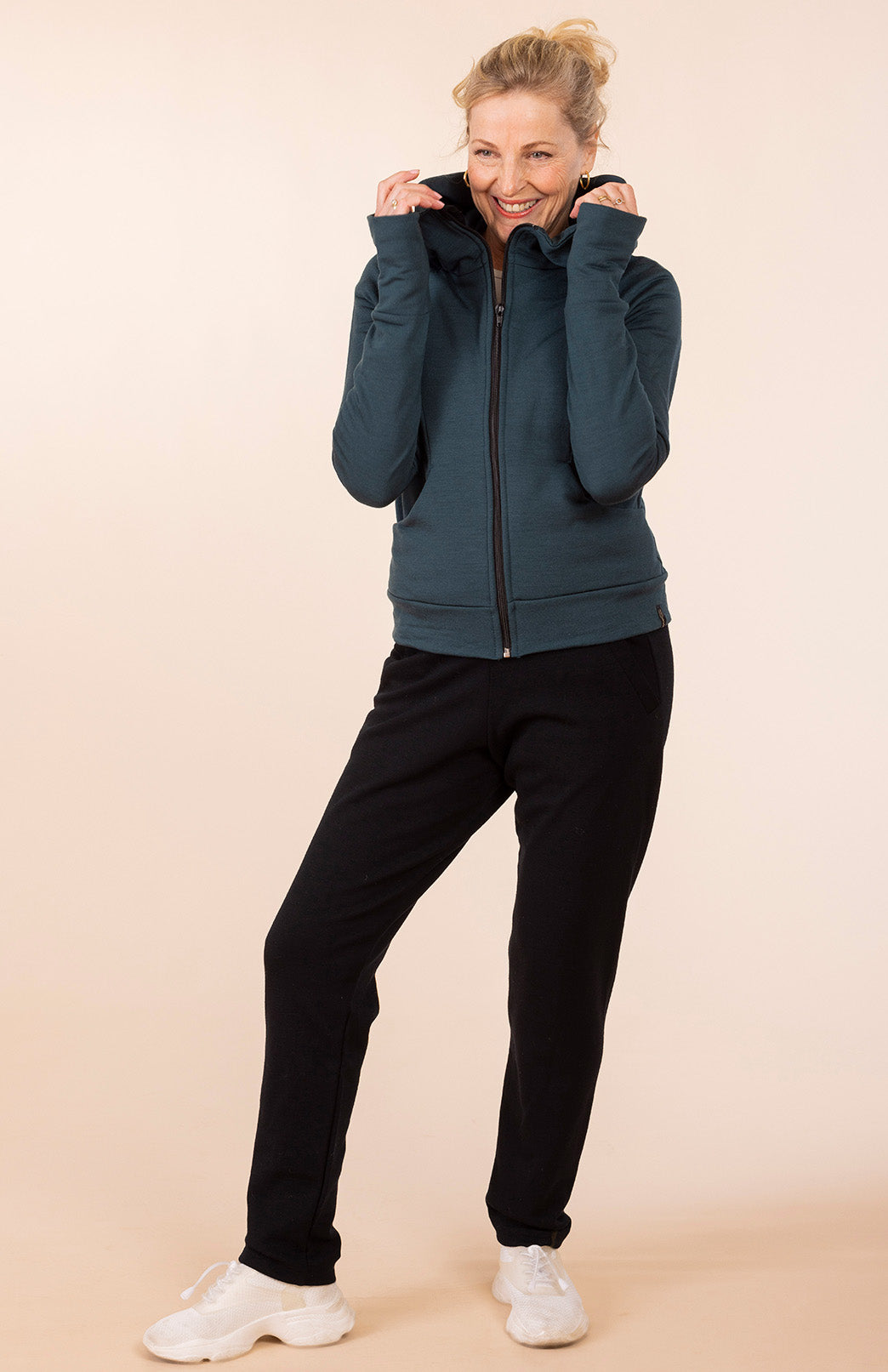 Deep Sea Green Women's Merino Wool Fleece Zip Jacket with Hood and pockets