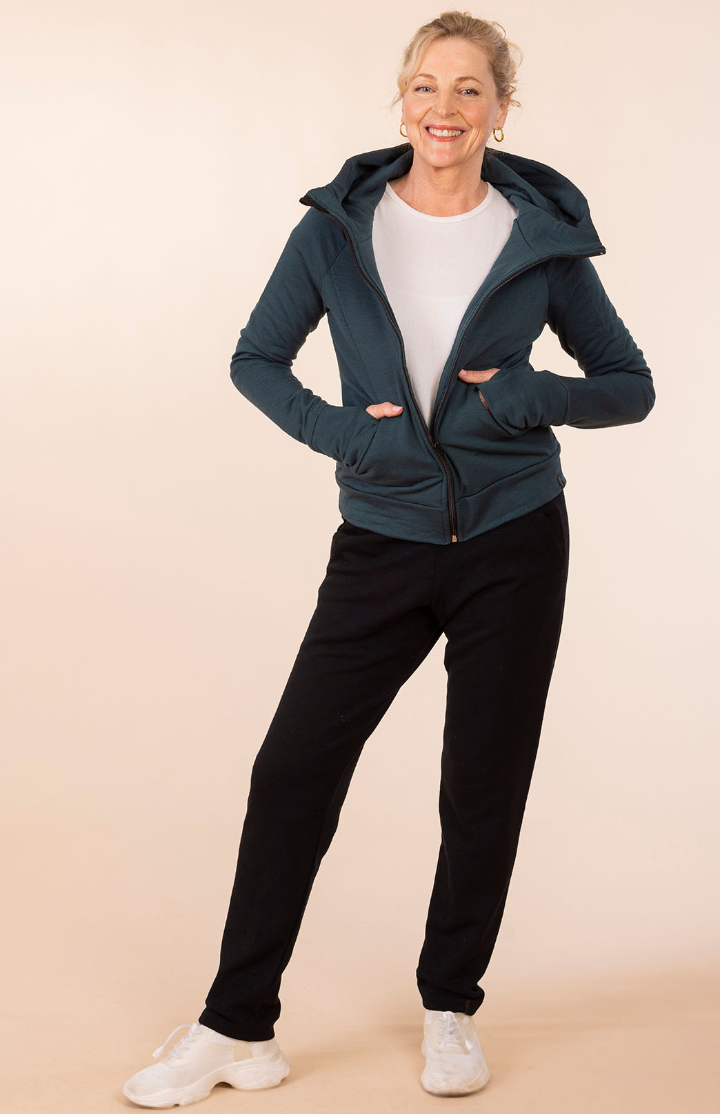 Deep Sea Green Women's Merino Wool Fleece Zip Jacket with Hood and pockets
