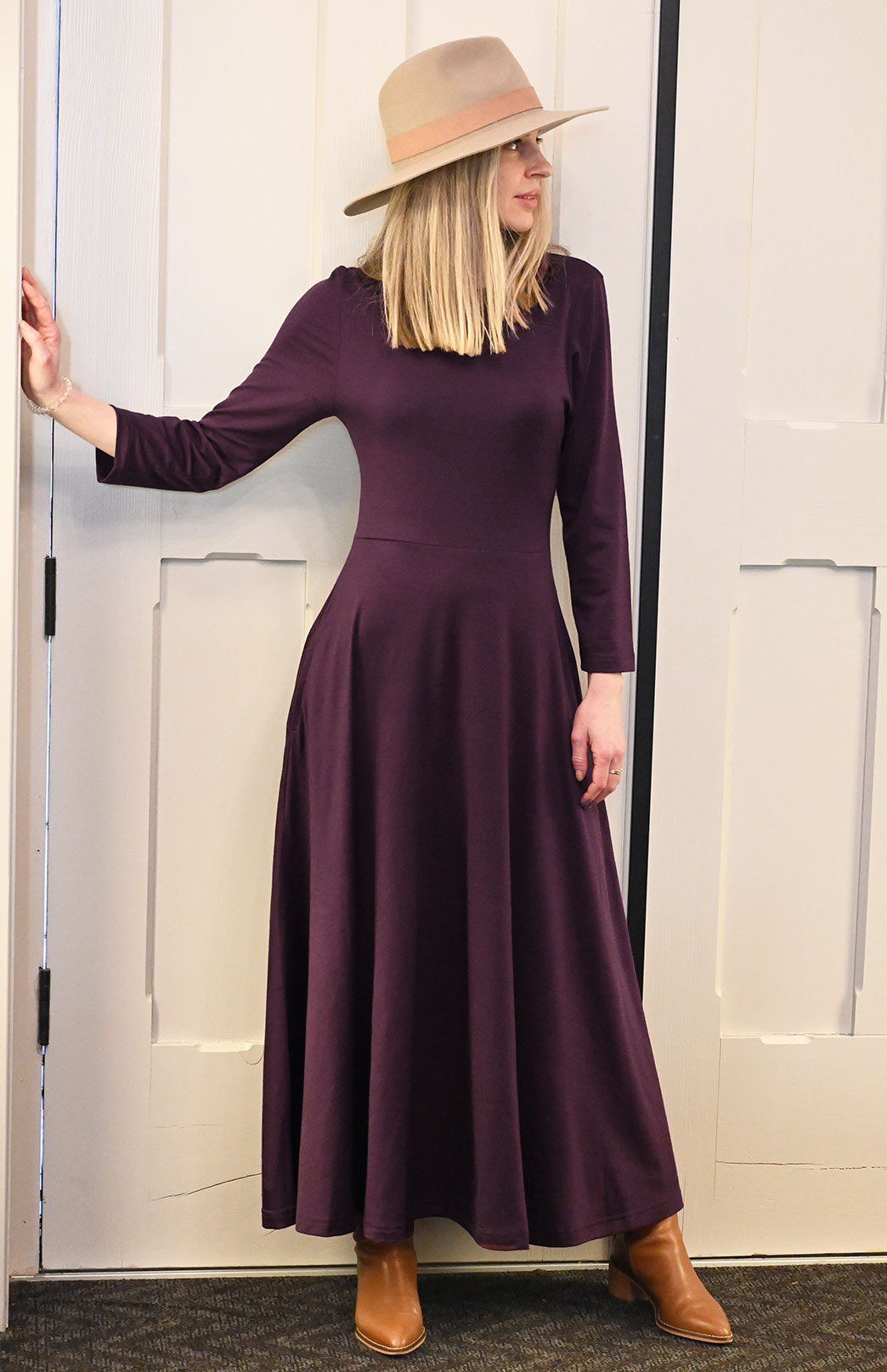 Aubergine Purple Women's Merino Wool 7/8 Sleeve Dress
