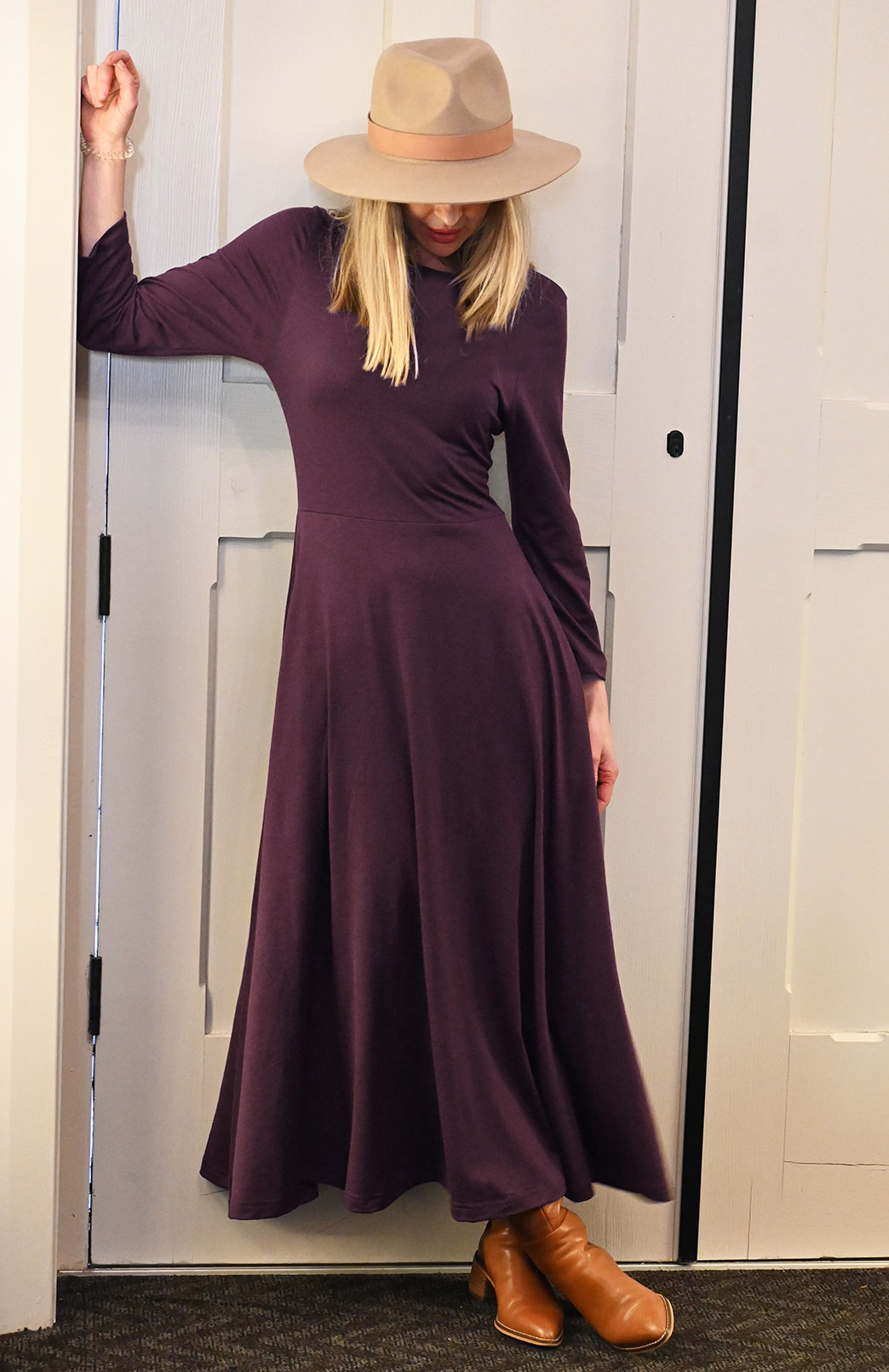 Aubergine Purple Women's Merino Wool 7/8 Sleeve Dress