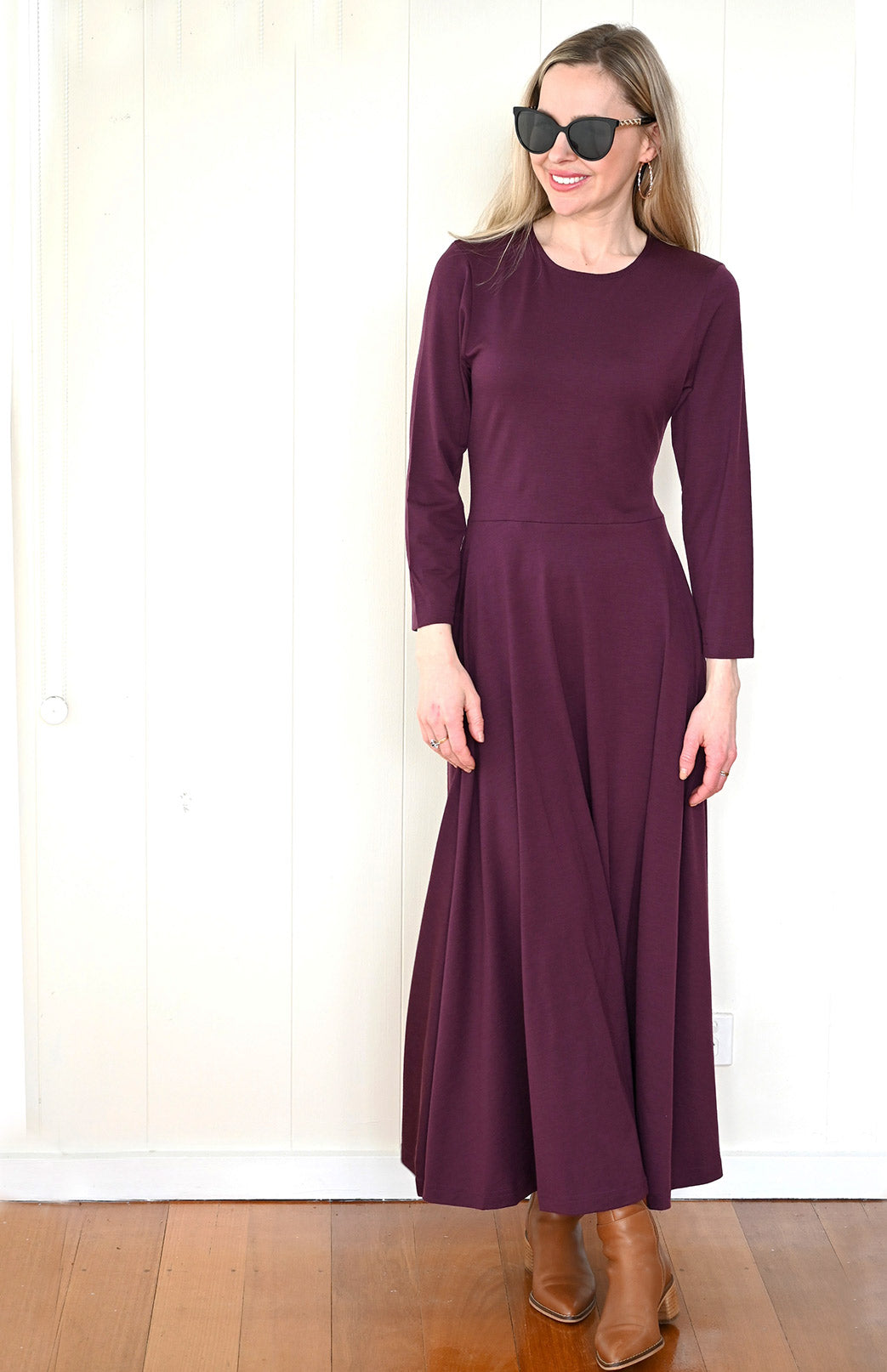 Aubergine Purple Women's Merino Wool 7/8 Sleeve Dress